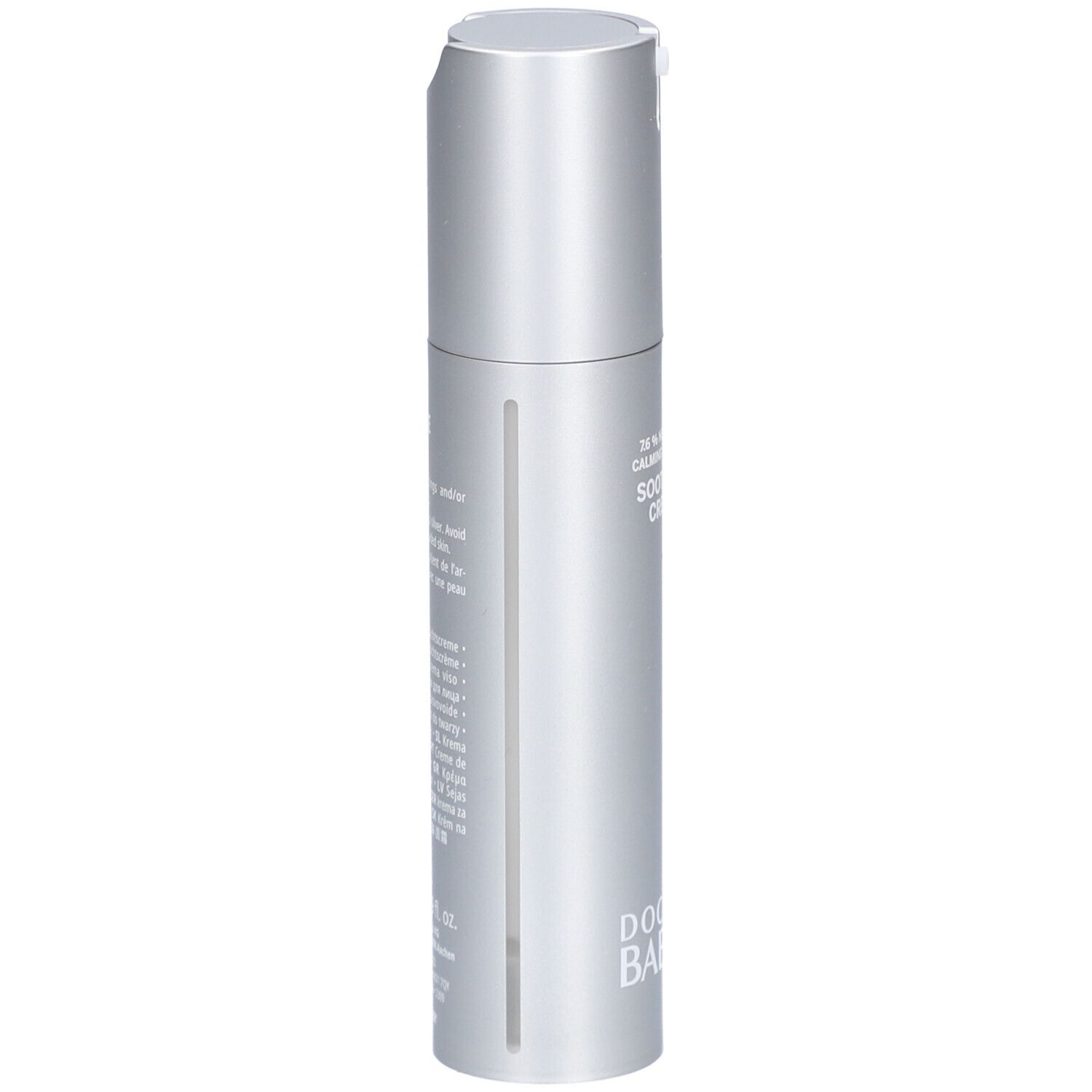 Silberne Creme-Flasche, seitliche Ansicht. Aufschrift: Soothing Cream, Doctor Babor.