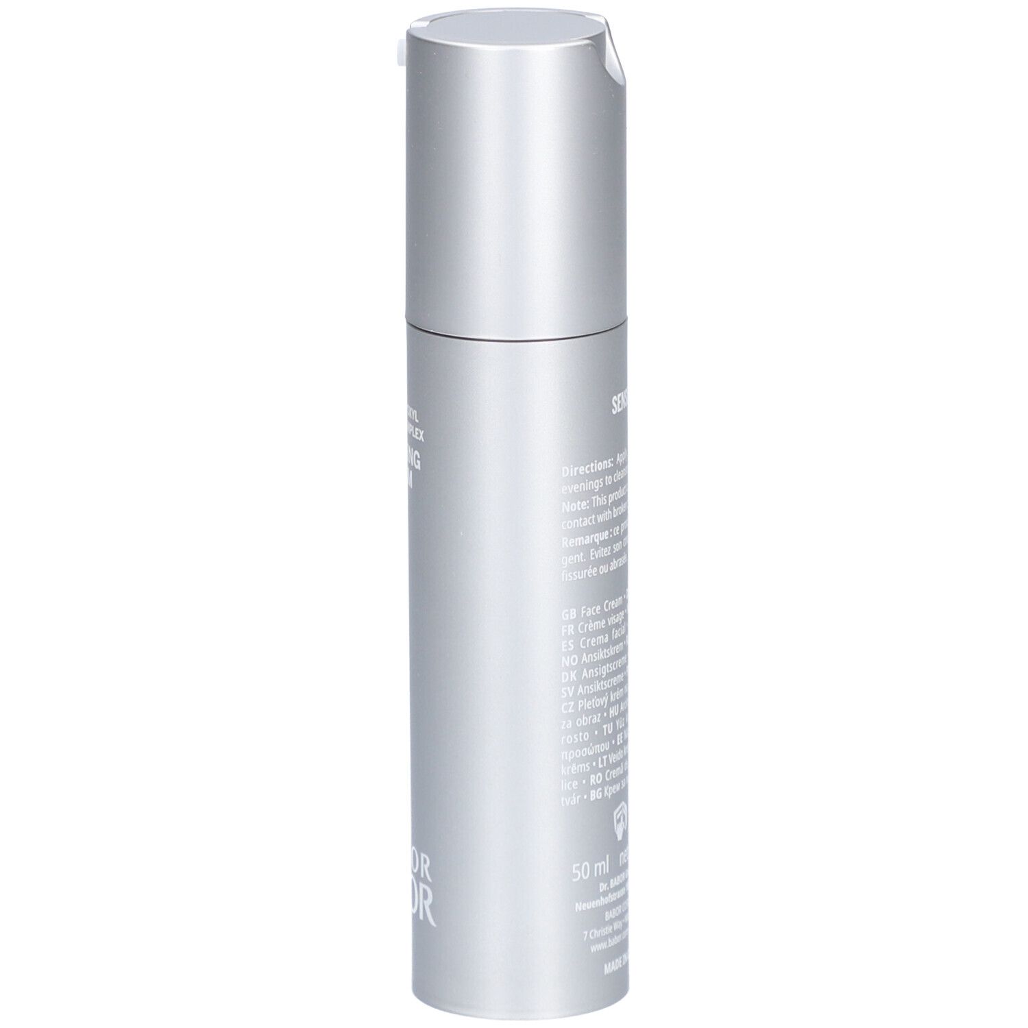 Seitliche Ansicht einer silbernen Creme-Flasche. Aufschrift: Soothing Cream, Doctor Babor, 50 ml.