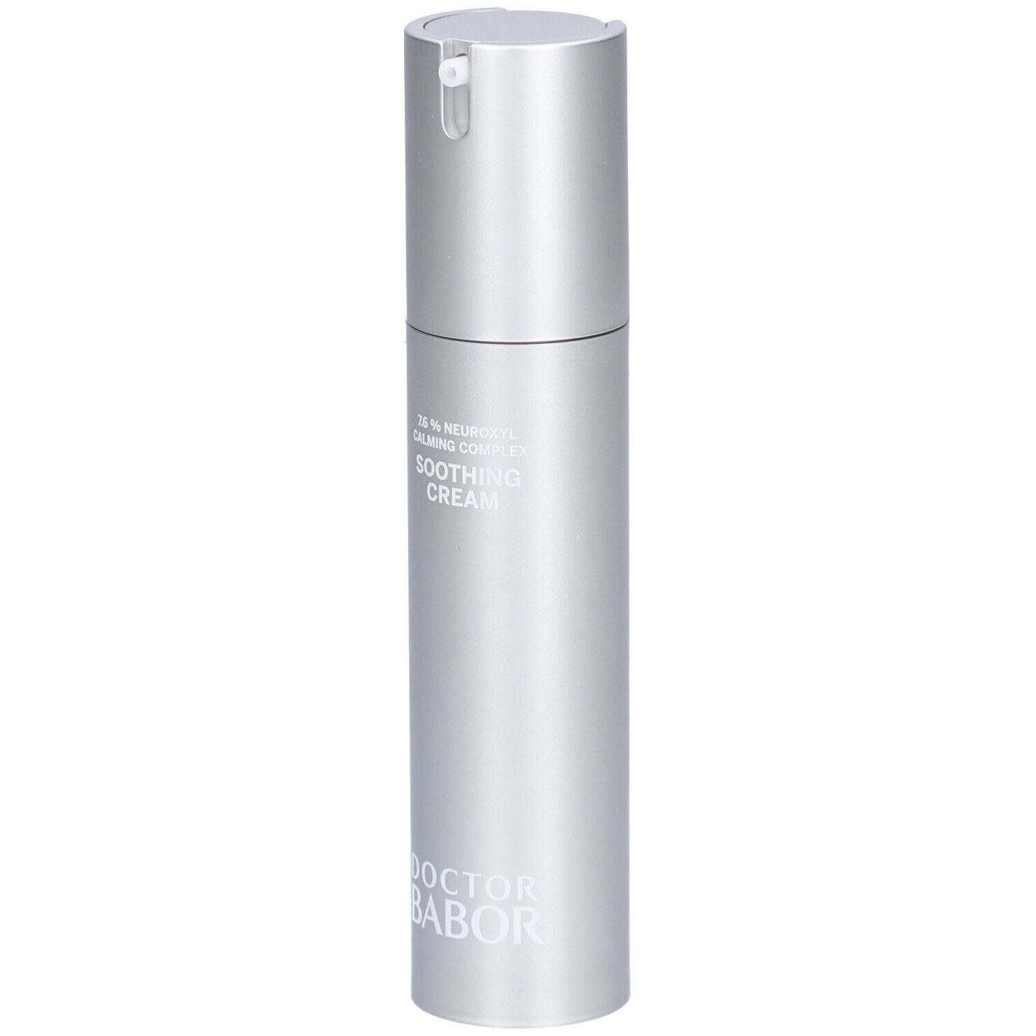 Silberne Creme-Flasche mit Pumpkopf. Aufschrift: Soothing Cream, Doctor Babor.