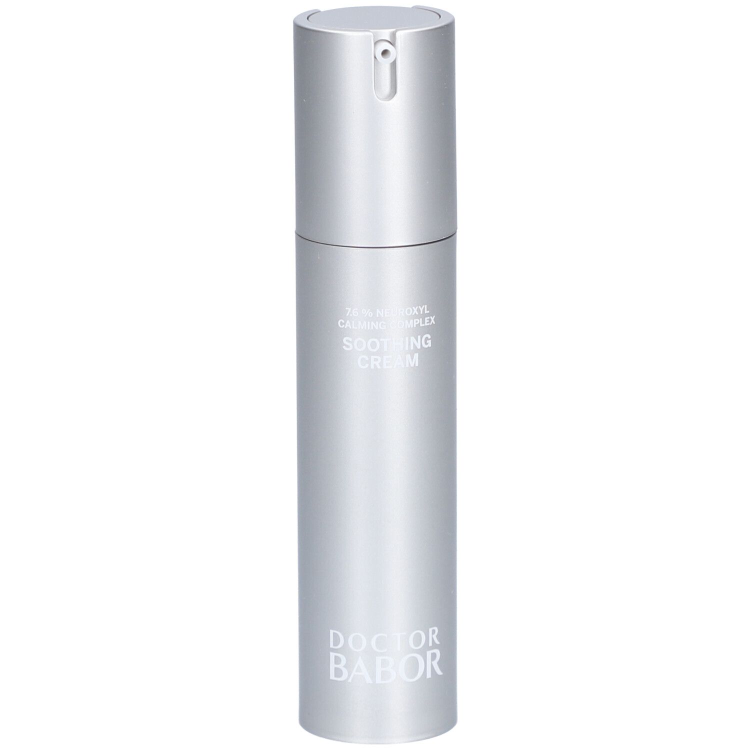 Silberne Creme-Flasche mit Pumpkopf. Aufschrift: Soothing Cream, Doctor Babor.