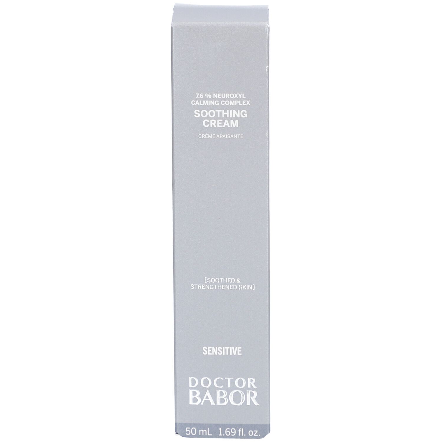 Graue Schachtel. Aufschrift: Soothing Cream, Doctor Babor, Sensitive, 50 ml.