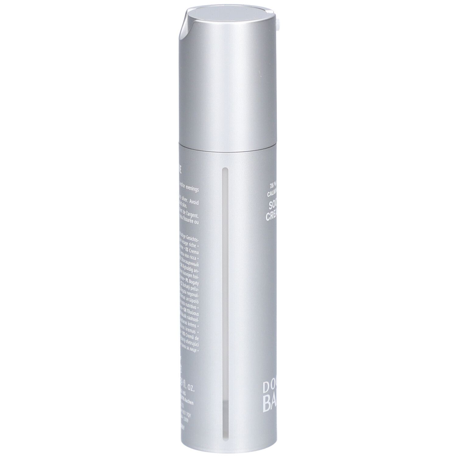 Silberne Creme-Flasche mit Pumpverschluss. Aufschrift: Soothing Cream Rich, Doctor Babor.