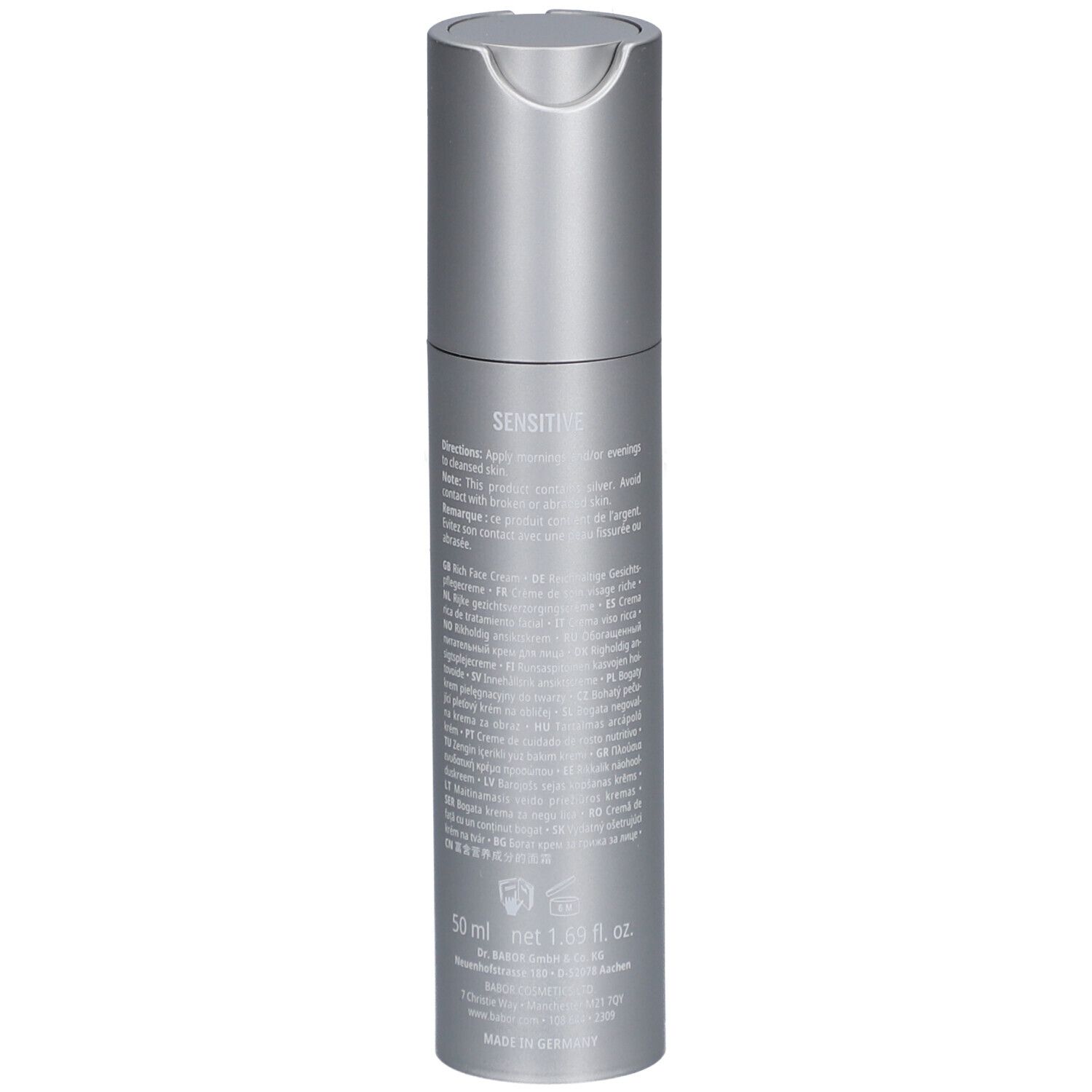 Rückseite einer silbernen Creme-Flasche. Text: Sensitive, 50 ml, Doctor Babor.