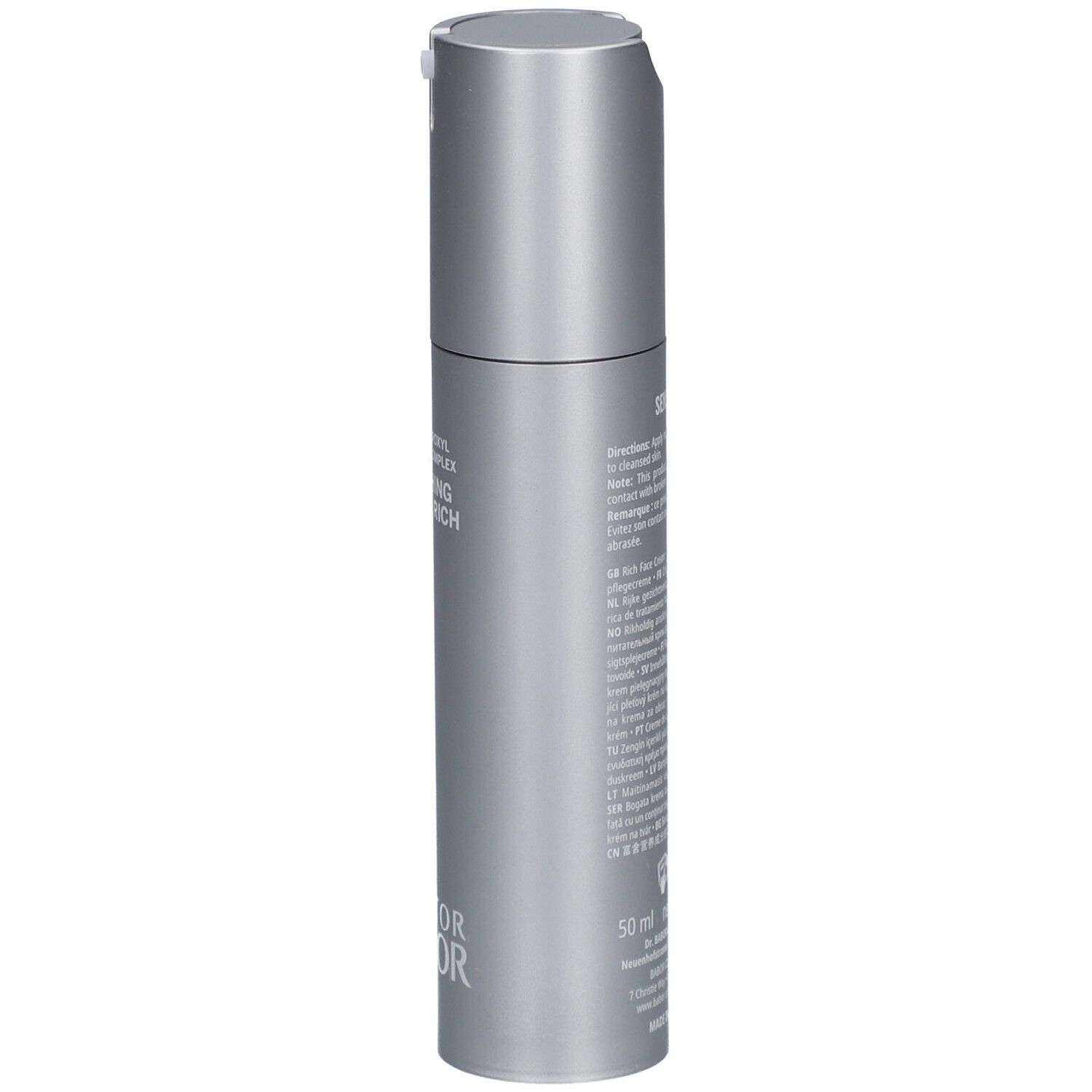 Seite einer silbernen Creme-Flasche mit Pumpverschluss. Aufschrift: Doctor Babor, 50 ml.