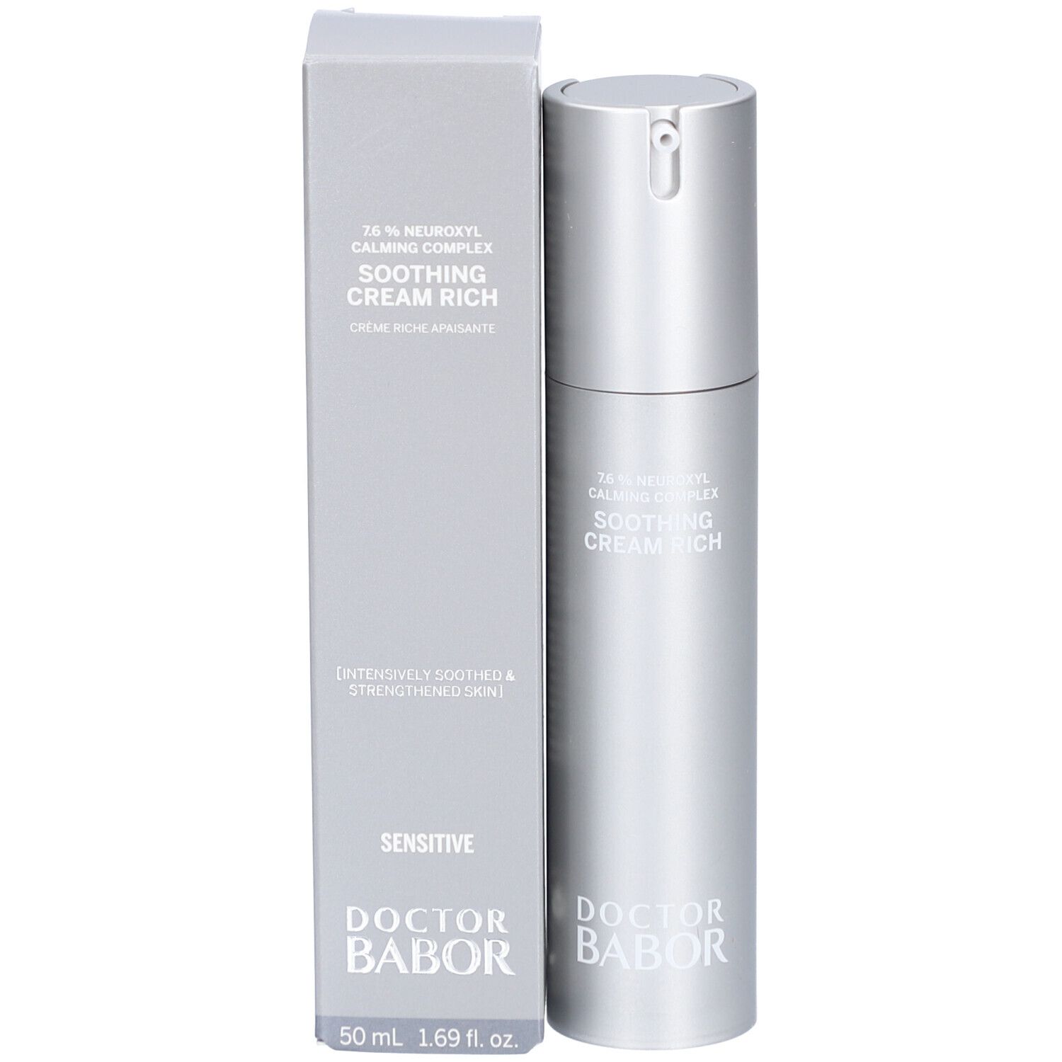 Creme-Flasche und Schachtel. Aufschrift: Soothing Cream Rich, Doctor Babor, Sensitive.