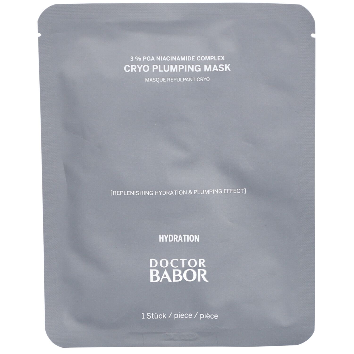 Graue Einzelverpackung der Cryo Plumping Mask. Beschriftung: 3% PGA Niacinamide Complex, Cryo Plumping Mask, Doctor Babor. 1 Stück.