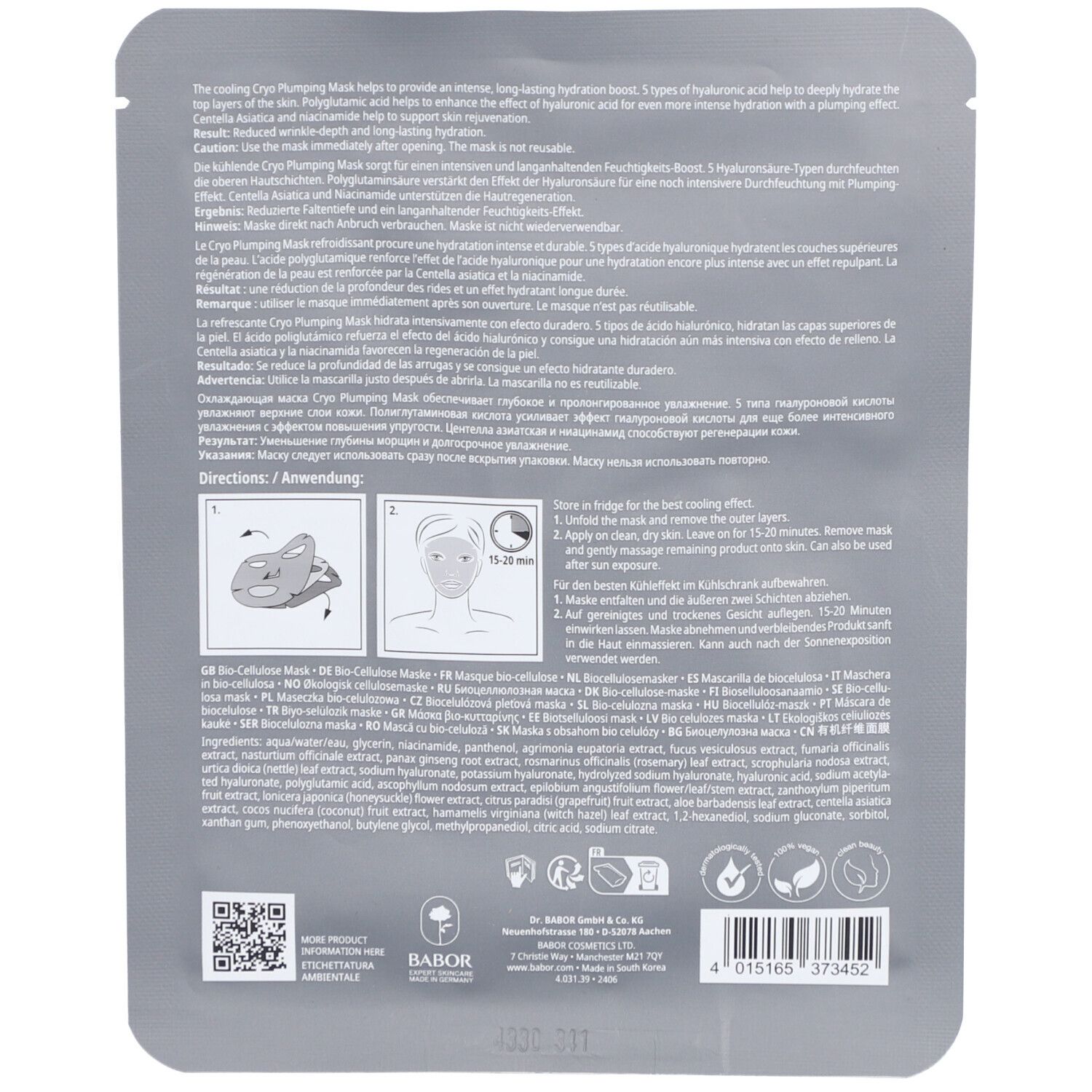 Rückseite der Cryo Plumping Mask-Verpackung. Text in mehreren Sprachen. Enthält Anweisungen und Inhaltsstoffe. Marke: Doctor Babor. Barcode und QR-Code.