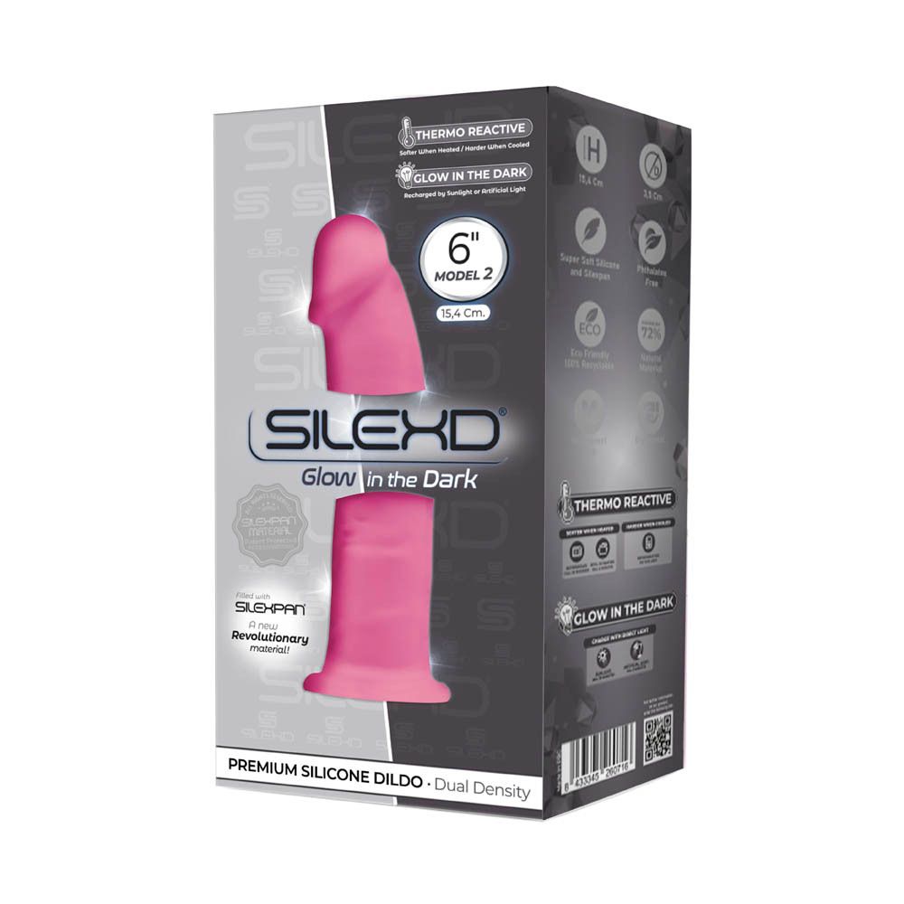 Emballage SilexD 2.6 Glow in the Dark Rose. Dildo rose, 6 pouces, modèle 2. Thermo-réactif et brillant dans le noir.