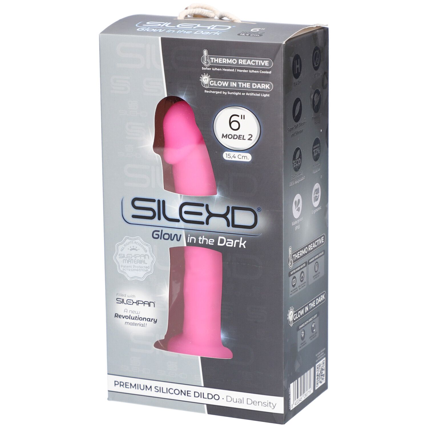 Verpackung von SilexD 2.6 Glow in the Dark Rose. Rosa Dildo, 6 Zoll, Modell 2. Thermoaktiv und im Dunkeln leuchtend.