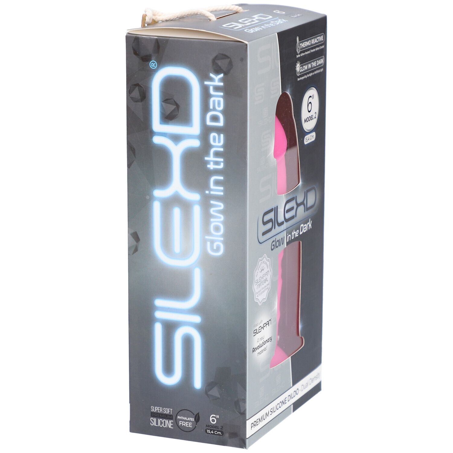 Verpackung von SilexD 2.6 Glow in the Dark Rose. Rosa Dildo, 6 Zoll, Modell 2. Thermoaktiv und im Dunkeln leuchtend.