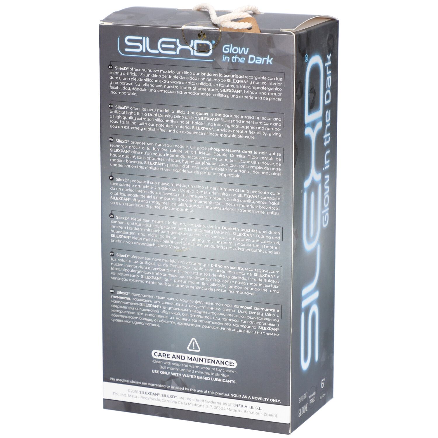 Rückseite der Verpackung von SilexD 2.6 Glow in the Dark Rose. Text in mehreren Sprachen. Pflegehinweise.