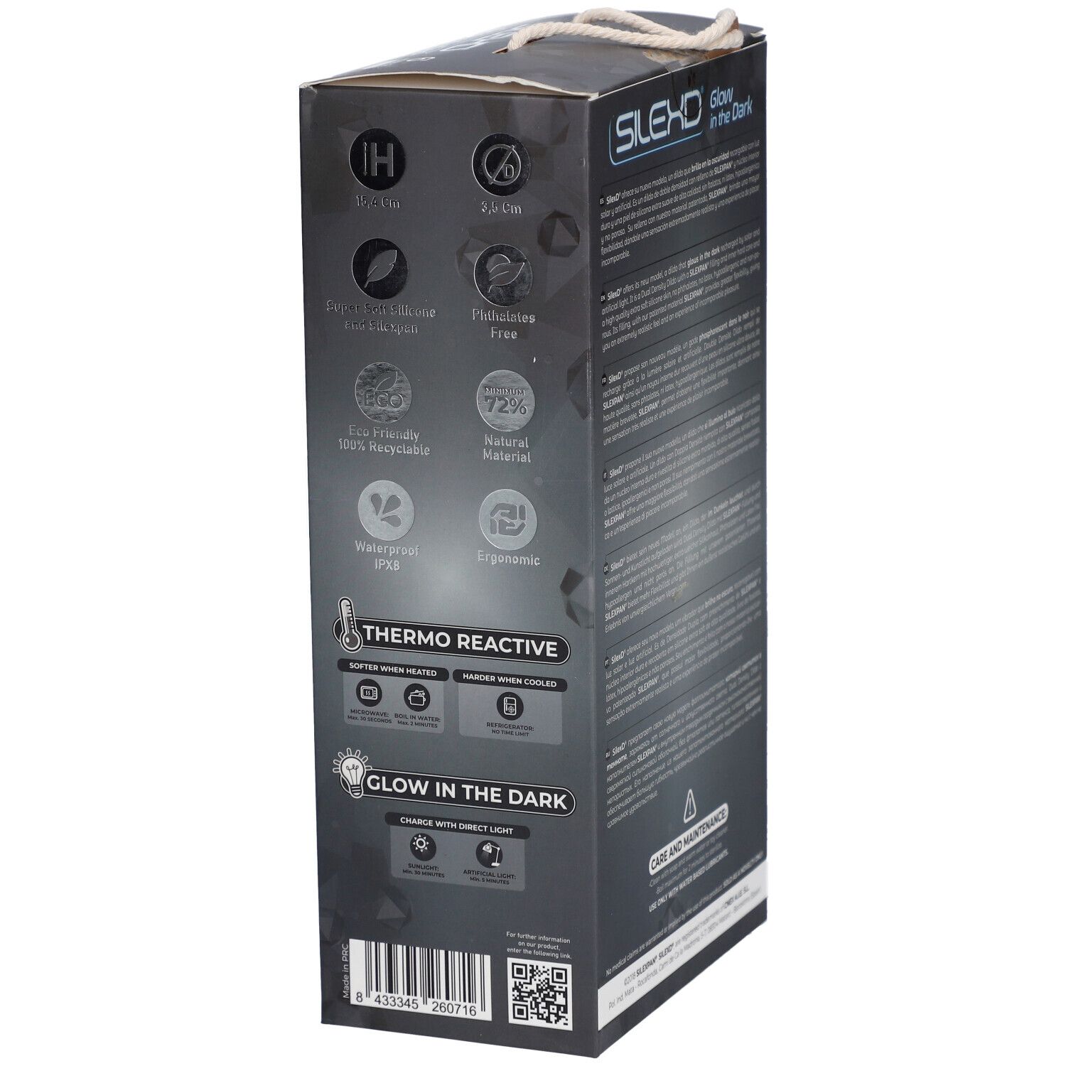 Seite der Verpackung von SilexD 2.6 Glow in the Dark Rose. Informationen zu Materialien und Eigenschaften. Thermoaktiv.