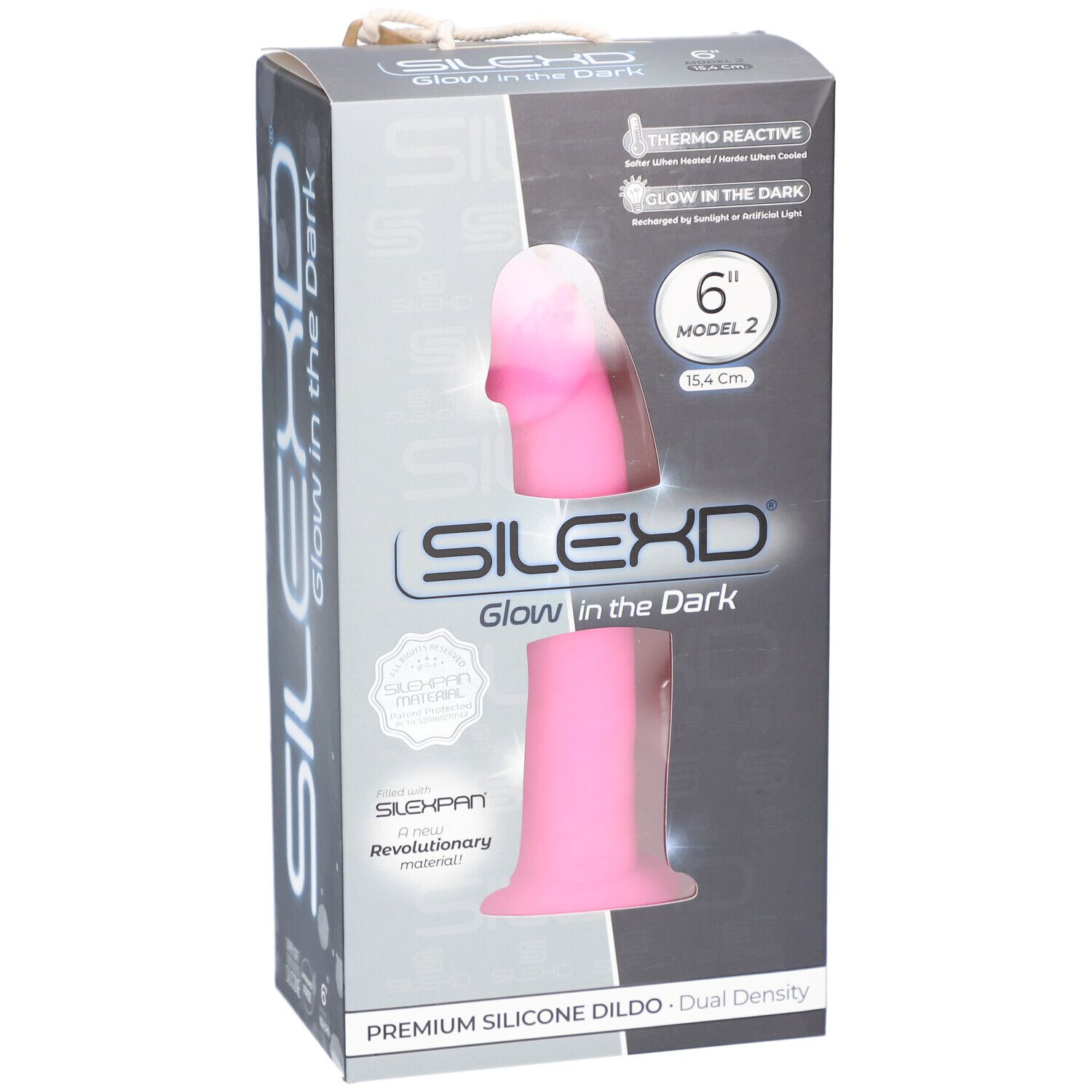 Verpackung von SilexD 2.6 Glow in the Dark Rose. Rosa Dildo, 6 Zoll, Modell 2. Thermoaktiv und im Dunkeln leuchtend.