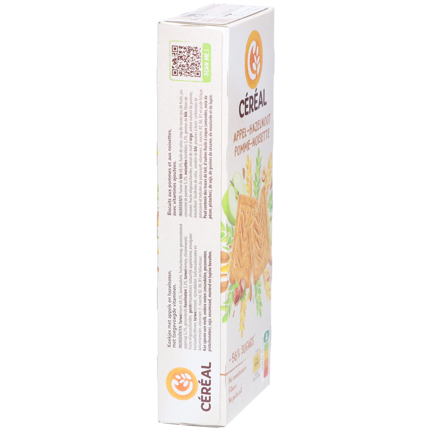 Seitenansicht der Céréal Apfel-Haselnuss-Kekse-Verpackung. Text: Céréal, Apfel-Haselnuss, -56% Zucker. QR-Code und Nährwertangaben.