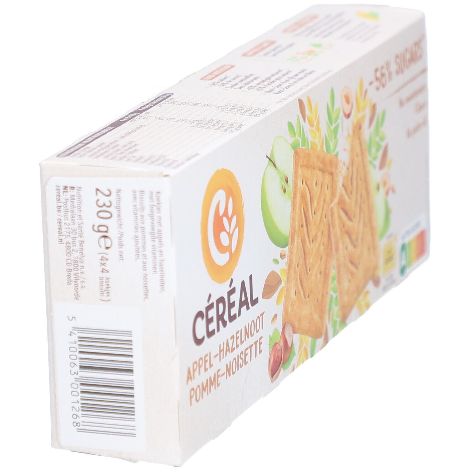 Céréal Apfel-Haselnuss-Kekse-Verpackung. Aufdrucke: 230g, 4x4. Barcode. Abbildung von Keksen, Äpfeln und Nüssen. Nährwertangaben.