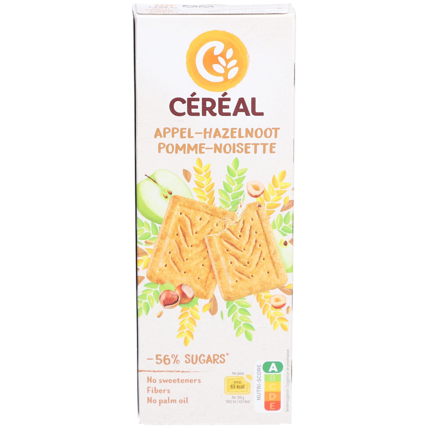 Céréal Apfel-Haselnuss-Kekse-Verpackung. Aufdrucke: -56% Zucker, keine Süßstoffe, Ballaststoffe, Palmöl. A-Bewertung. Abbildung von Keksen, Äpfeln und Nüssen.