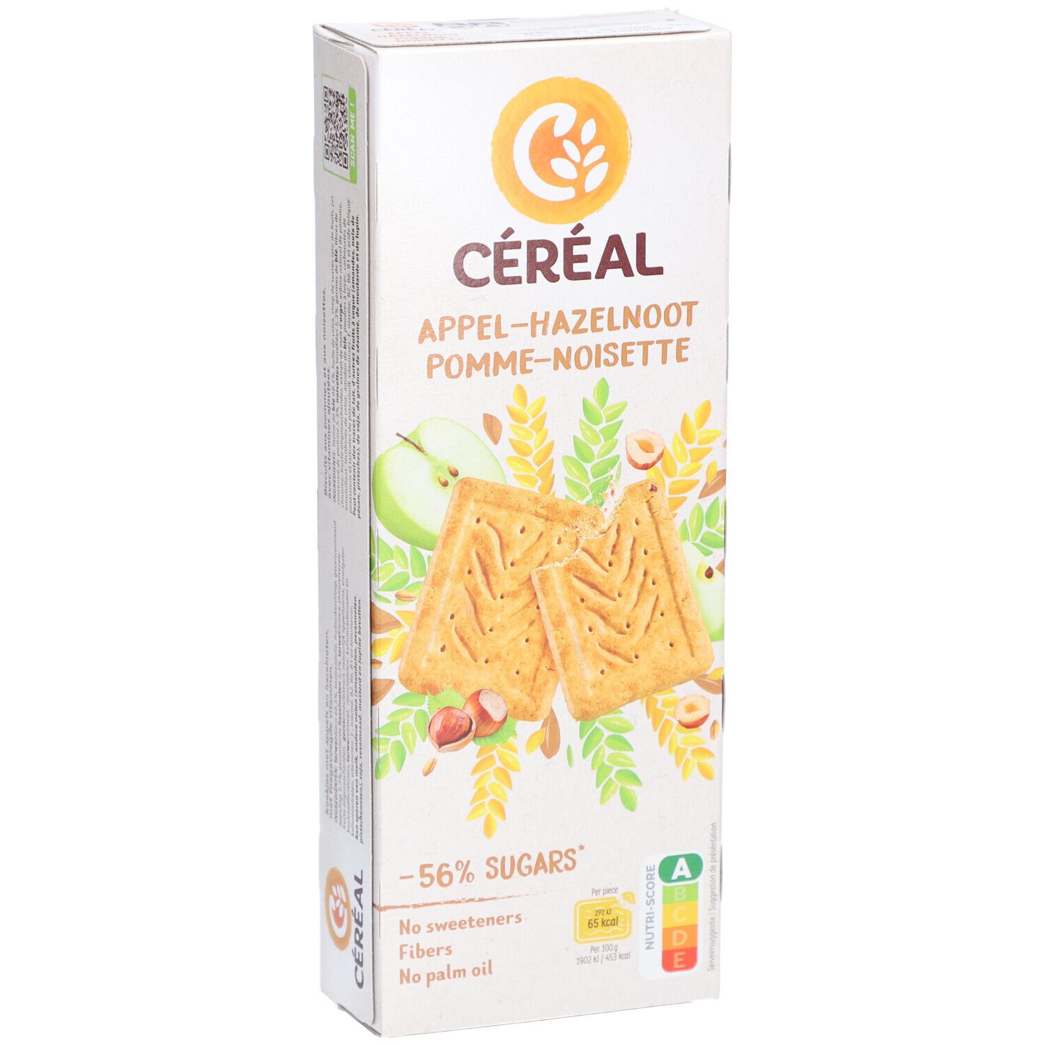 Céréal Apfel-Haselnuss-Kekse-Verpackung. Aufdrucke: -56% Zucker, keine Süßstoffe, Ballaststoffe, Palmöl. A-Bewertung. Abbildung von Keksen, Äpfeln und Nüssen.