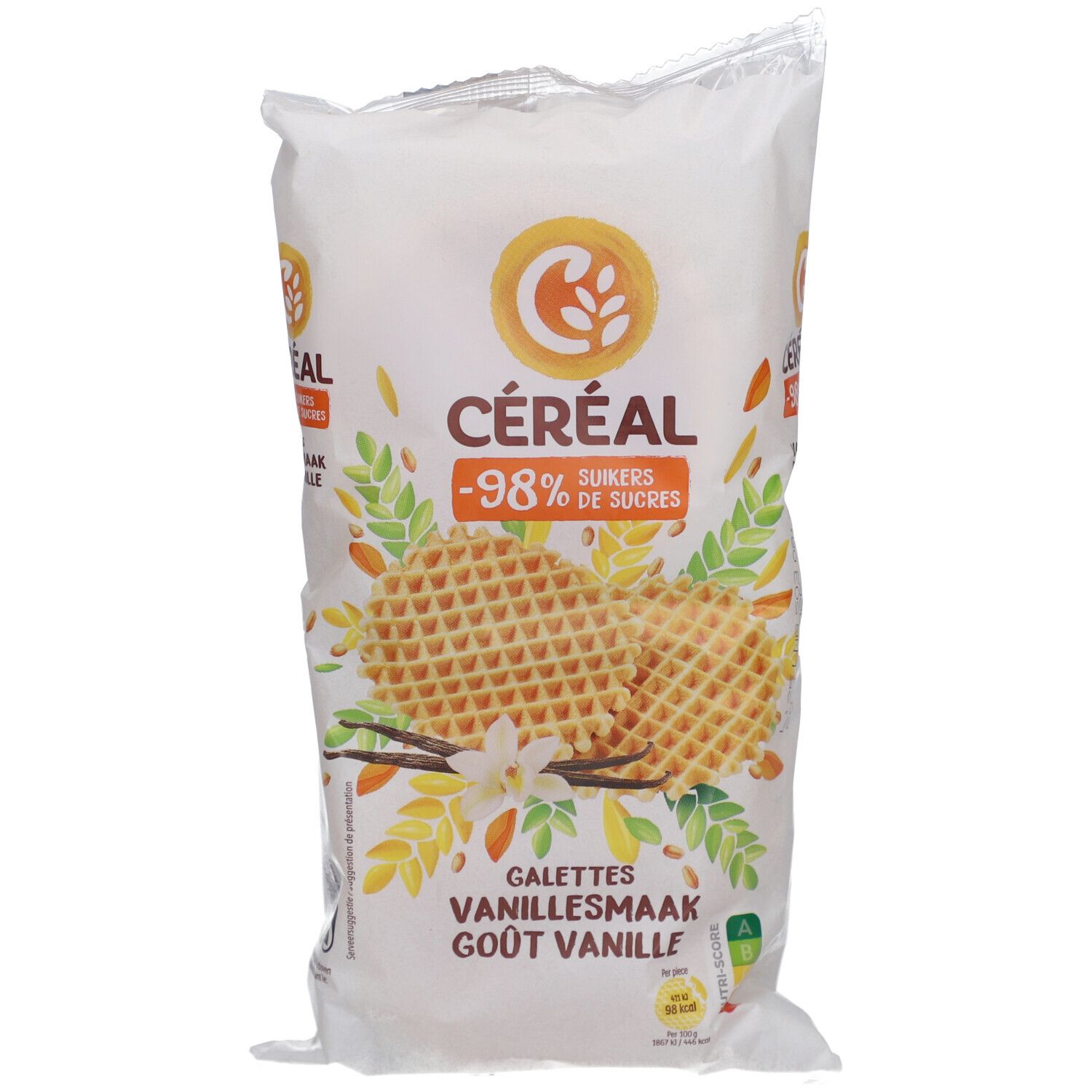 Verpackung mit Waffeln. Marke CÉREAL, -98% Zucker. Aufdruck: Galettes Vanillesmaak Goût Vanille. Sichtbar: Waffeln, Vanilleschote, Blüte.