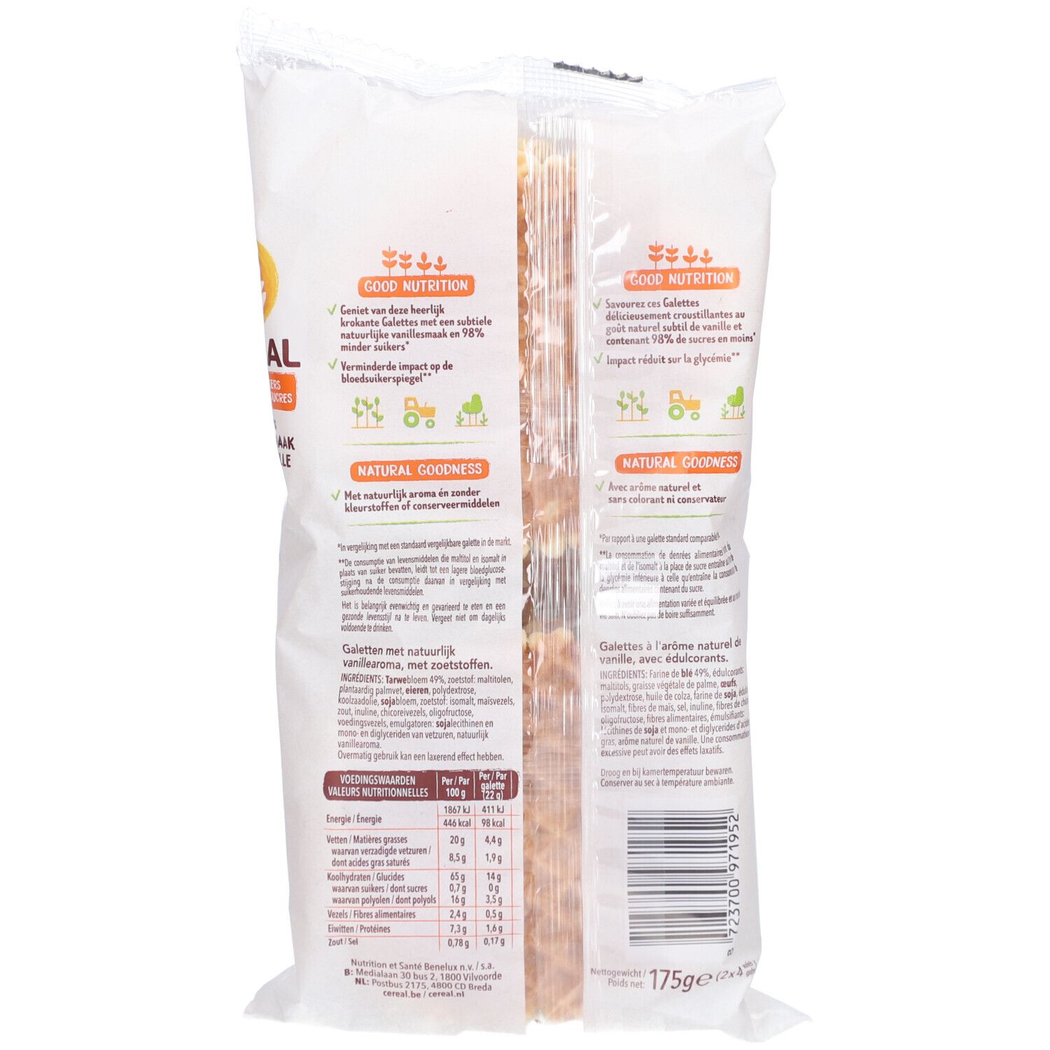 Rückseite der Waffelverpackung. Text: Good Nutrition, Natural Goodness. Enthält Nährwertangaben und Text in Niederländisch und Französisch. Gewicht: 175g.