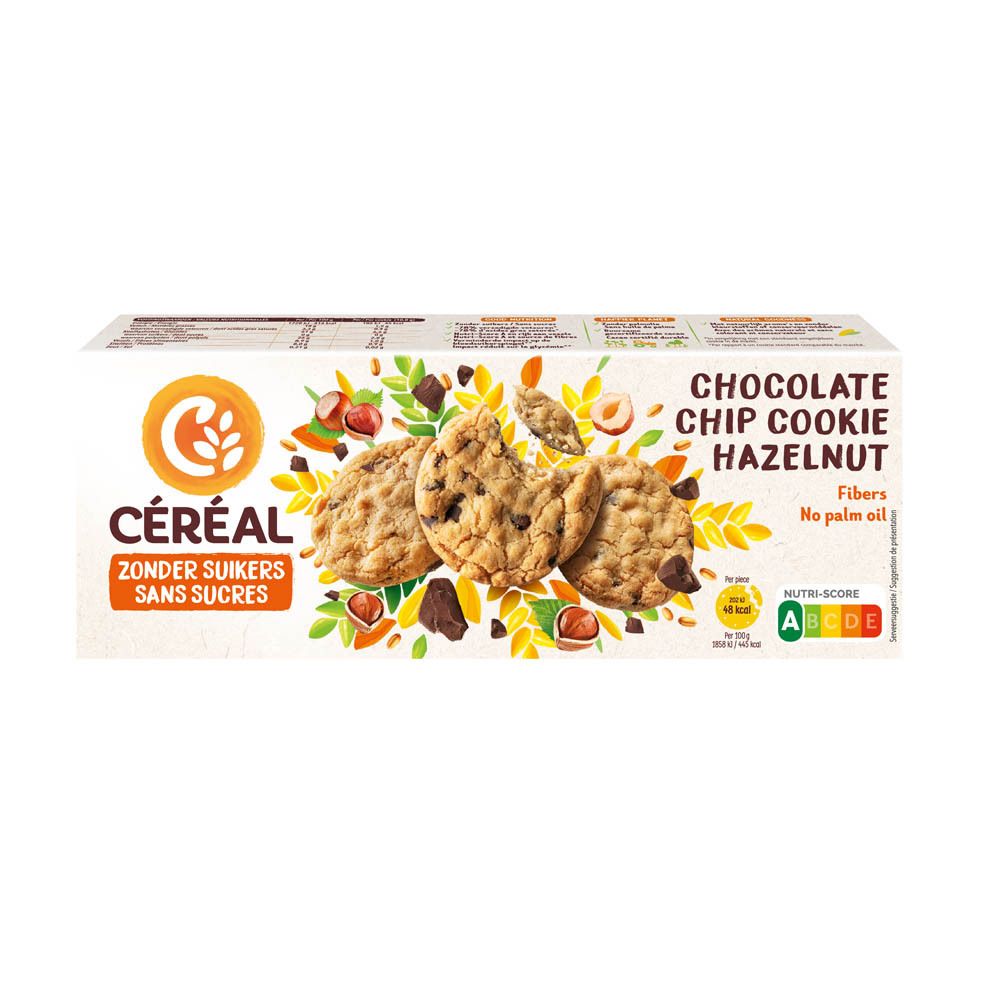 Boîte Céréal avec trois cookies pépites de chocolat et noisettes. Inscription : Céréal, Zonder Suikers, Sans Sucres, Chocolate Chip Cookie Hazelnut. Tableau nutritionnel.