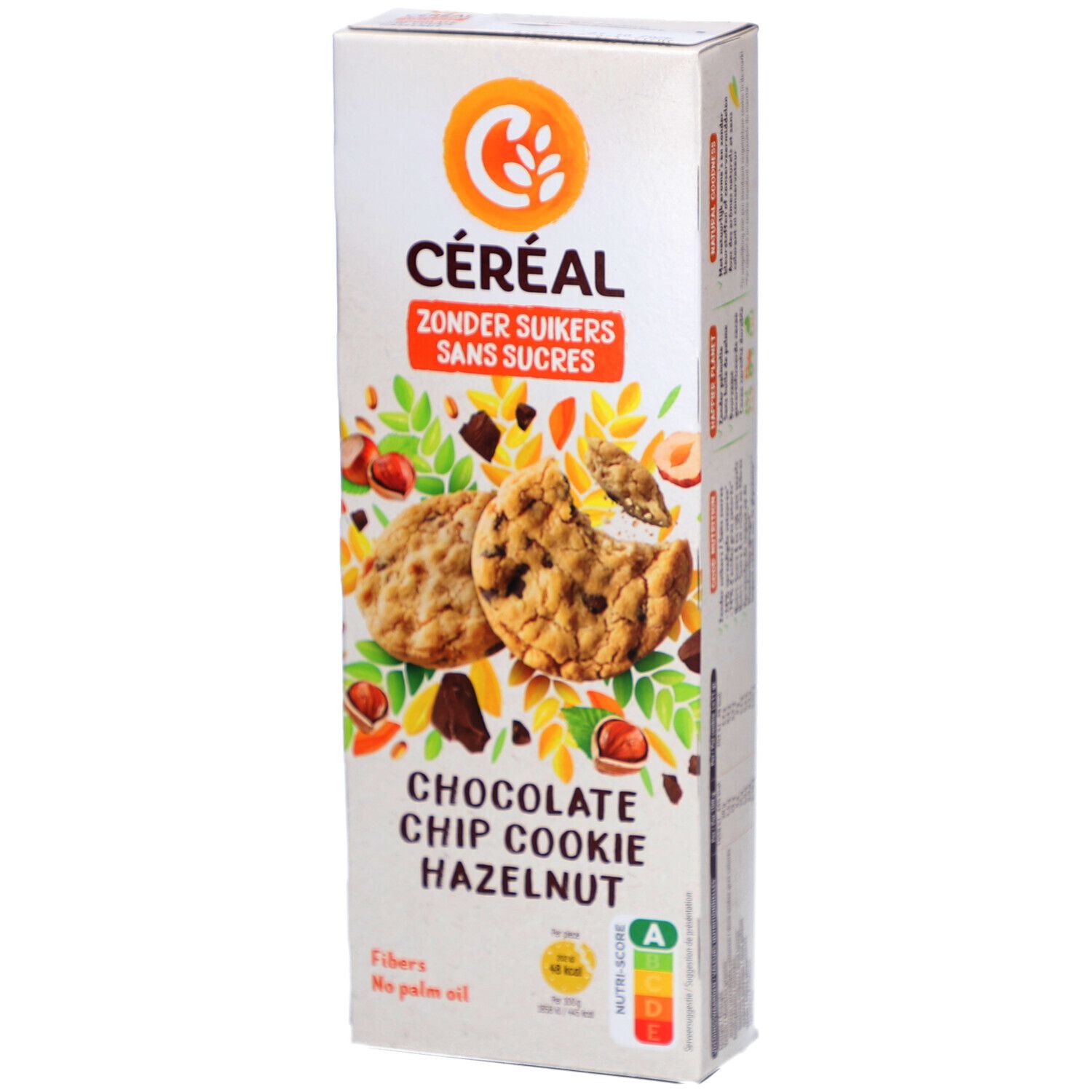 Céréal-Verpackung mit Schoko-Cookies und Haselnuss. Aufdruck: Zonder Suikers, Sans Sucres. Enthält Nährwertkennzeichnung.