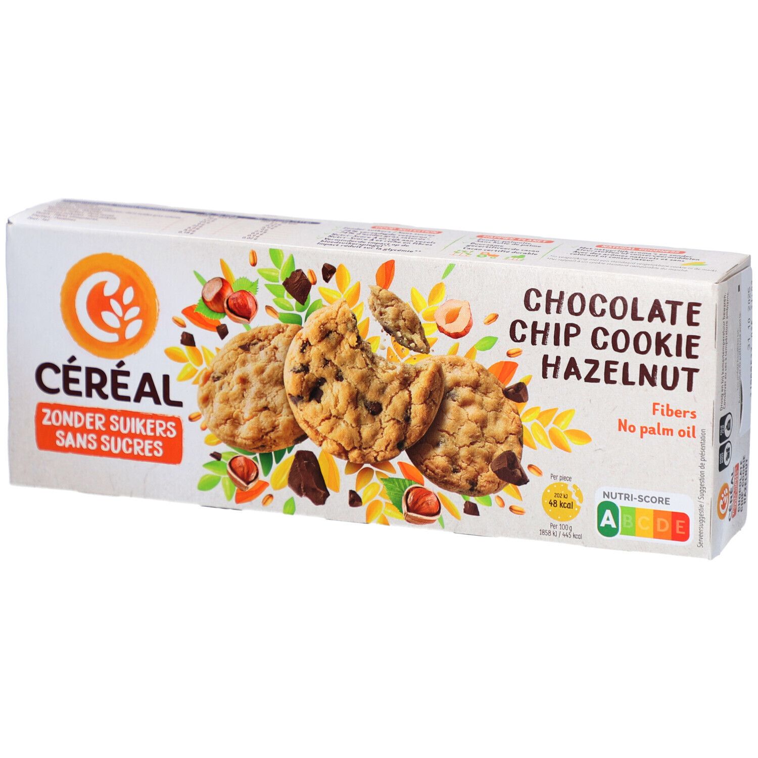 Céréal-Verpackung mit drei Schoko-Cookies und Haselnüssen. Aufdruck: Céréal, Zonder Suikers, Sans Sucres, Chocolate Chip Cookie Hazelnut.