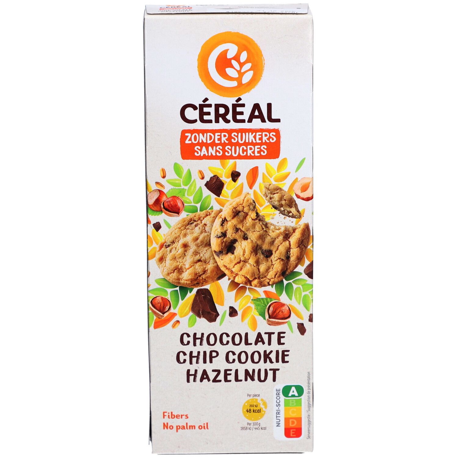 Céréal-Verpackung mit Schoko-Cookies und Haselnuss. Aufdruck: Céréal, Zonder Suikers, Sans Sucres, Chocolate Chip Cookie Hazelnut. Mit Nährwertkennzeichnung.