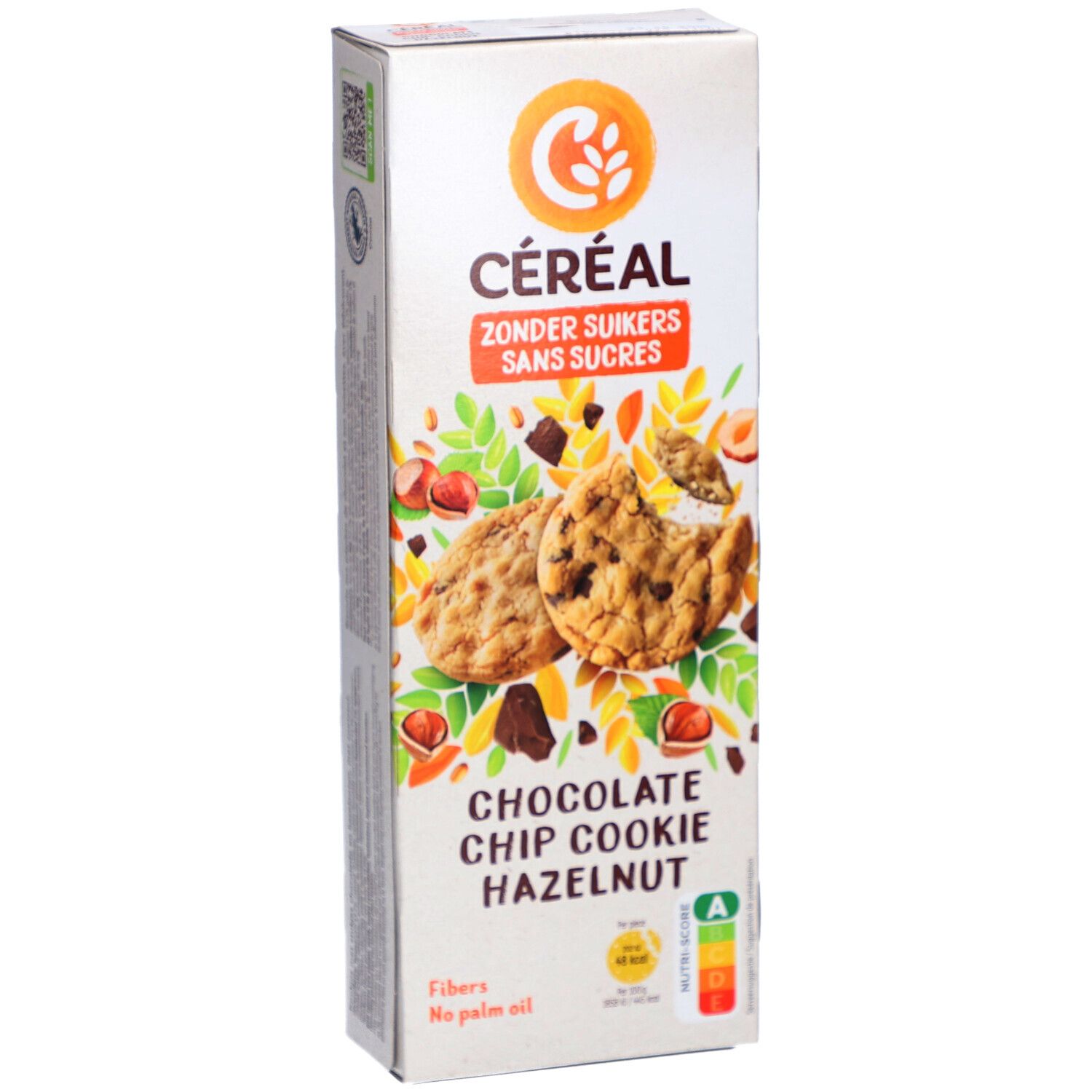 Céréal-Verpackung mit Schoko-Cookies und Haselnuss. Aufdruck: Céréal, Zonder Suikers, Sans Sucres, Chocolate Chip Cookie Hazelnut. Mit Nährwertkennzeichnung.