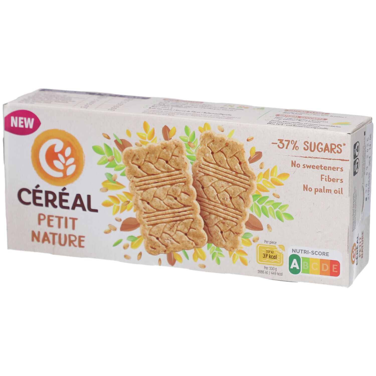 Verpackung mit Céréal Petit Nature Keksen. Aufdruck: -37% Zucker, keine Süßstoffe, Ballaststoffe, kein Palmöl. Nutri-Score A.