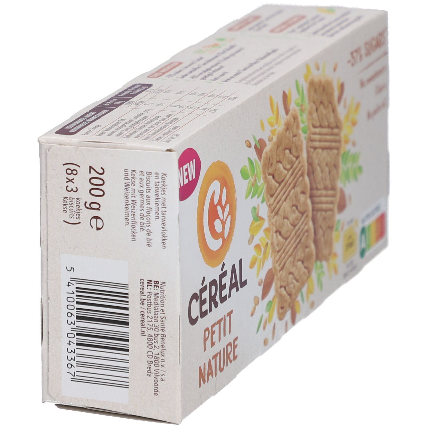 Verpackung Céréal Petit Nature, Ansicht von oben. Aufdruck: 200g, (8x3) Kekse. Barcode. Aufdruck: -37% Zucker, Nutri-Score A.