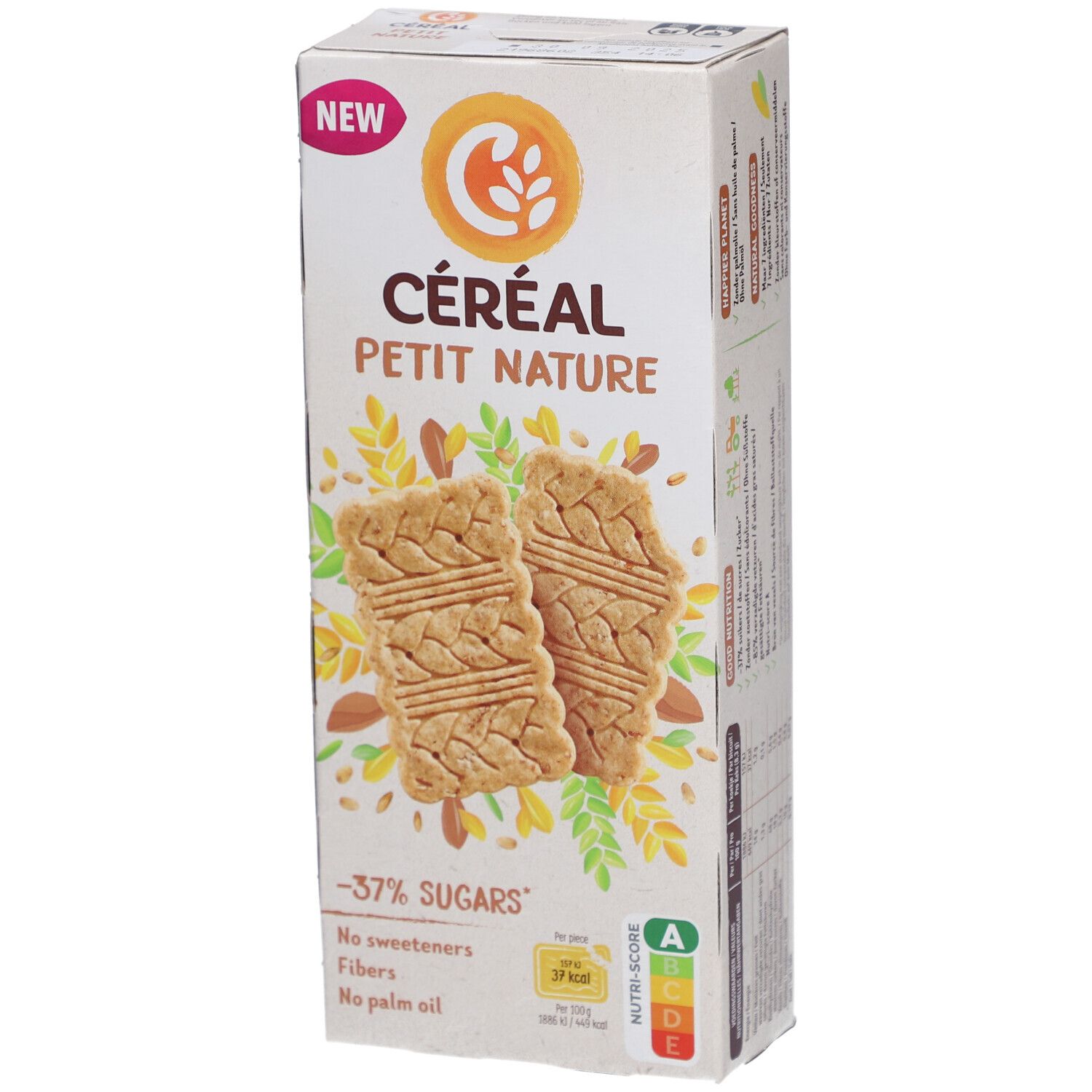 Verpackung Céréal Petit Nature. Aufdruck: -37% Zucker, keine Süßstoffe, Ballaststoffe, kein Palmöl. Nutri-Score A. Zwei Kekse abgebildet.