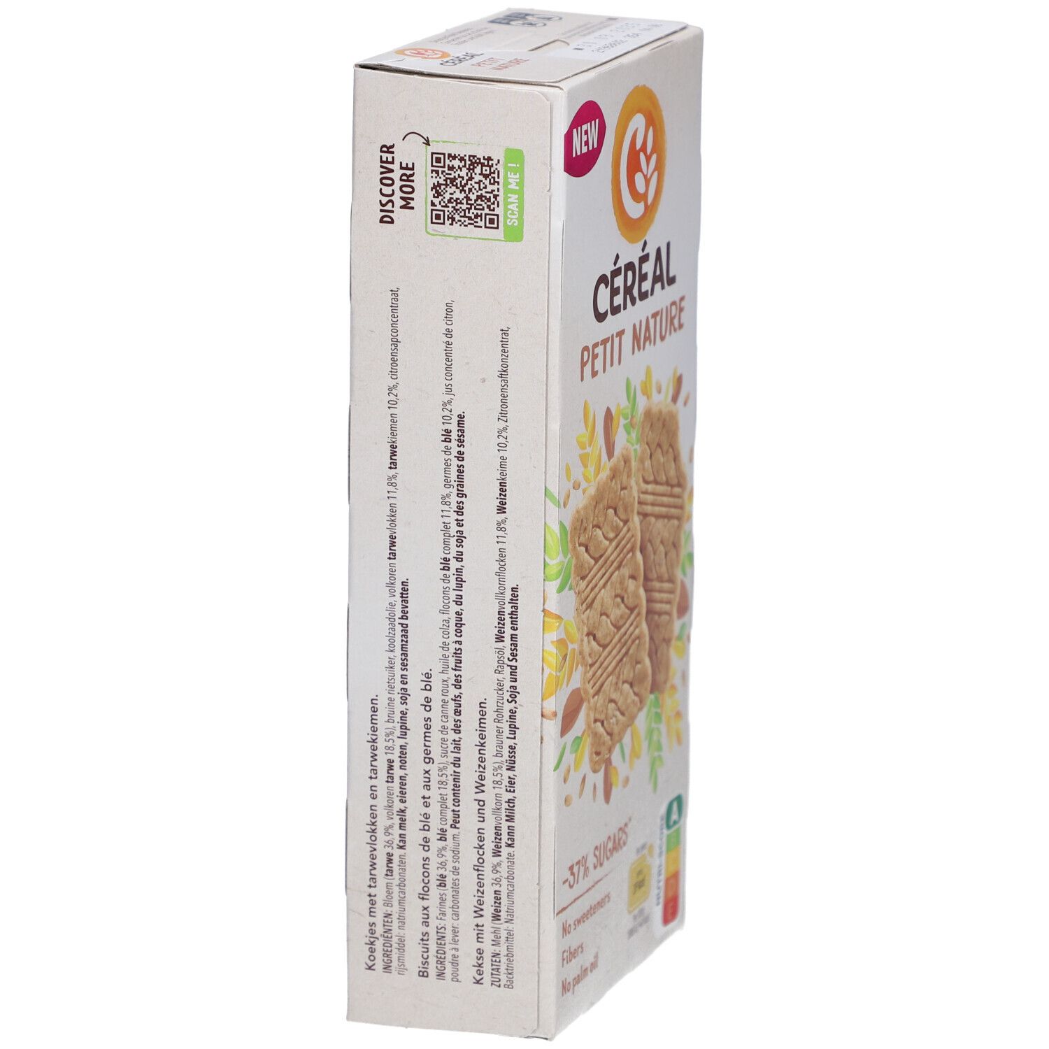 Verpackung Céréal Petit Nature, Seitenansicht. Aufdruck: -37% Zucker, Nutri-Score A. QR-Code. Text über Nährwerte und Zutaten.