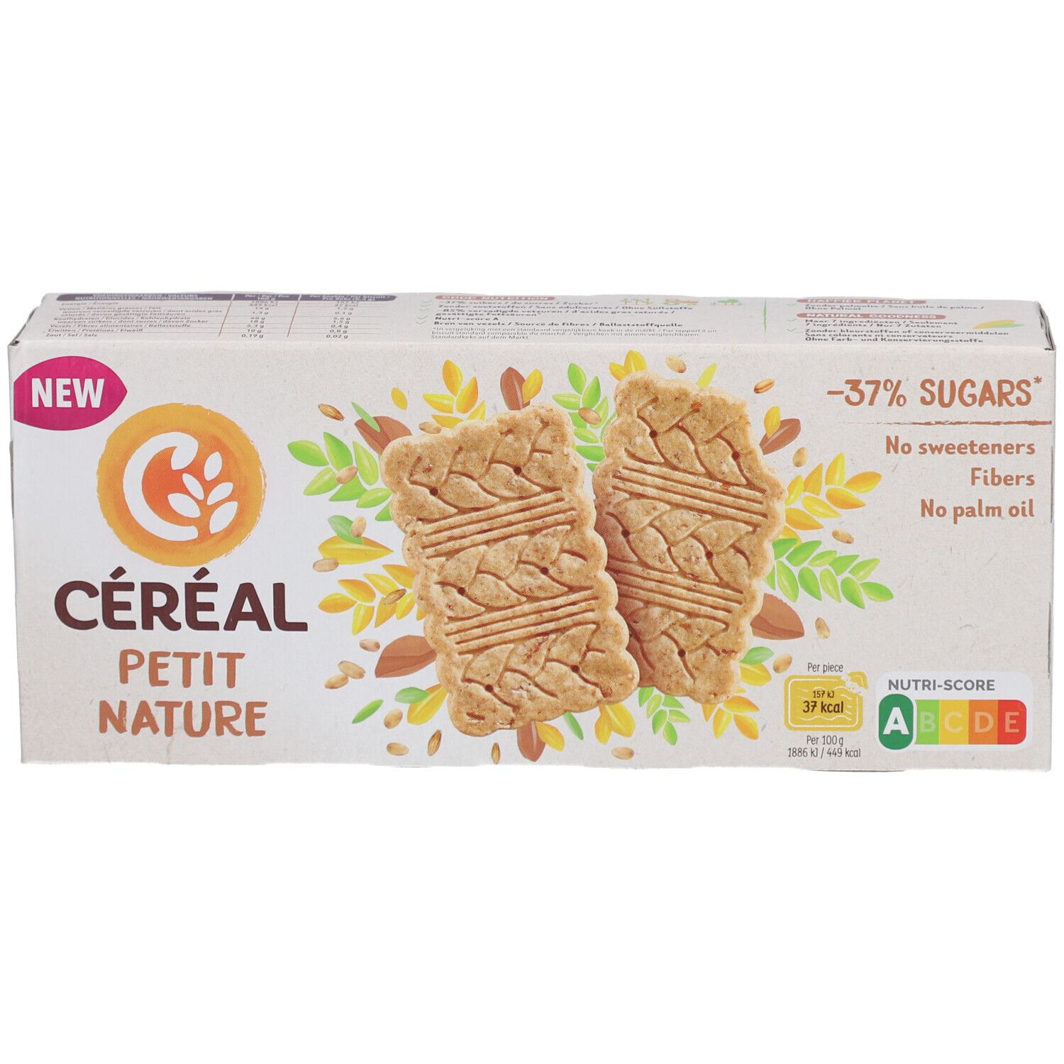 Verpackung Céréal Petit Nature. Aufdruck: -37% Zucker, keine Süßstoffe, Ballaststoffe, kein Palmöl. Nutri-Score A. Zwei Kekse abgebildet.