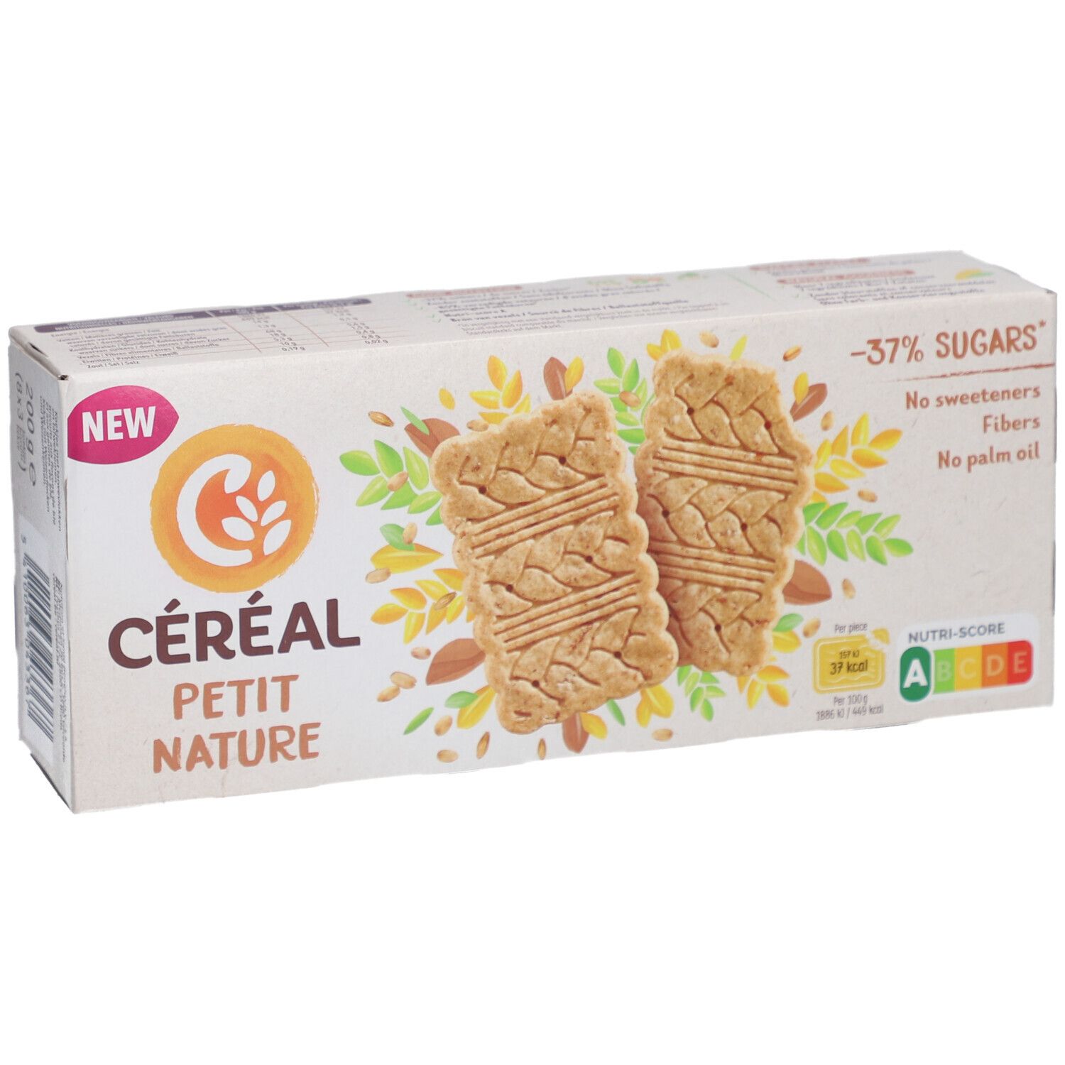 Verpackung Céréal Petit Nature. Aufdruck: -37% Zucker, keine Süßstoffe, Ballaststoffe, kein Palmöl. Nutri-Score A. Zwei Kekse abgebildet.