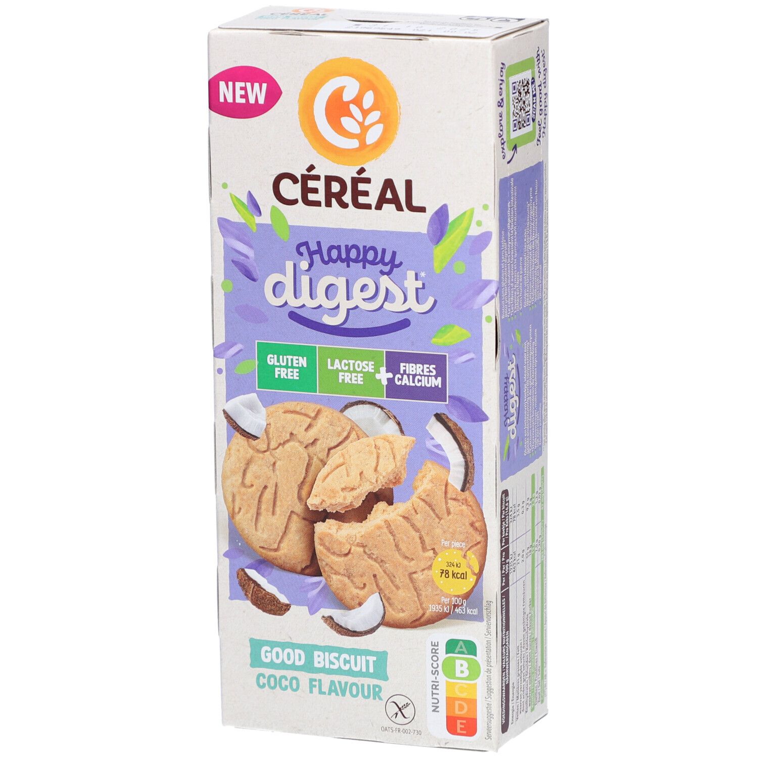 Verpackung mit Keksen. Aufschrift: Céréal Happy Digest, glutenfrei, laktosefrei, Ballaststoffe, Kalzium. Kokos-Geschmack.