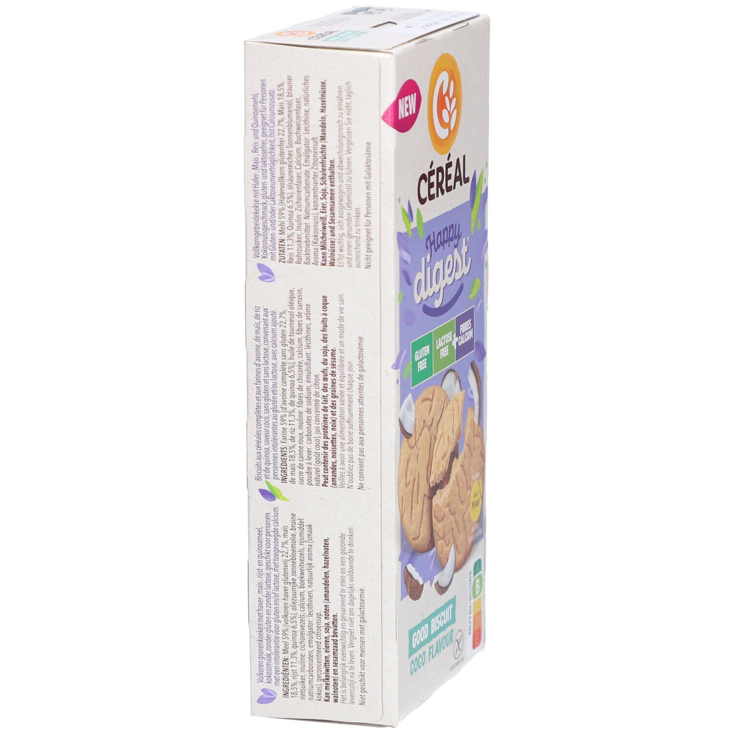Verpackung Céréal Happy Digest, Kokos-Geschmack. Aufschrift: glutenfrei, laktosefrei, Ballaststoffe, Kalzium. Rückseite mit Text.