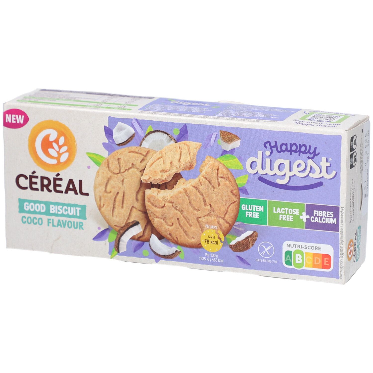 Verpackung mit Keksen. Aufschrift: Céréal Happy Digest, glutenfrei, laktosefrei, Ballaststoffe, Kalzium. Kokos-Geschmack.