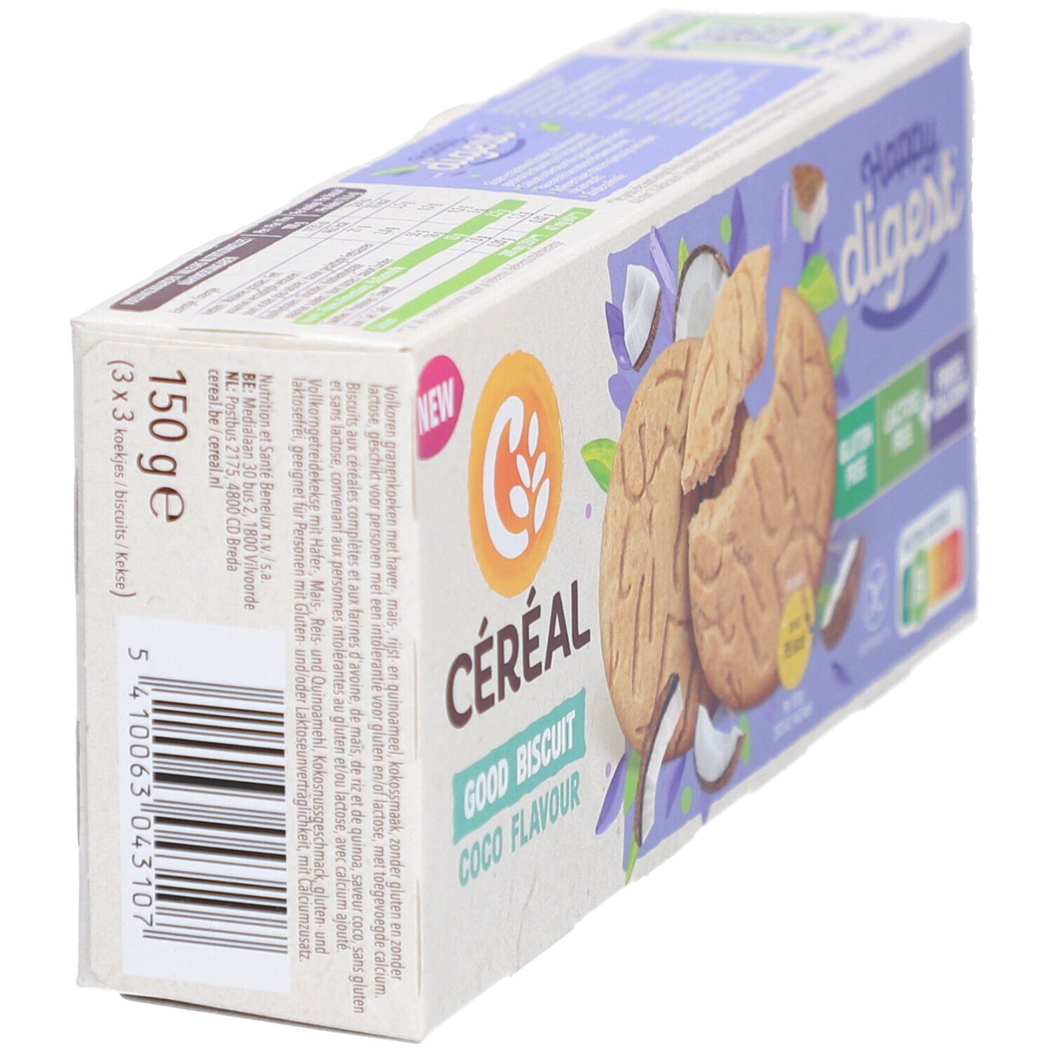 Verpackung Céréal Happy Digest, Kokos-Geschmack. Aufschrift: glutenfrei, laktosefrei, Ballaststoffe, Kalzium. 150g.
