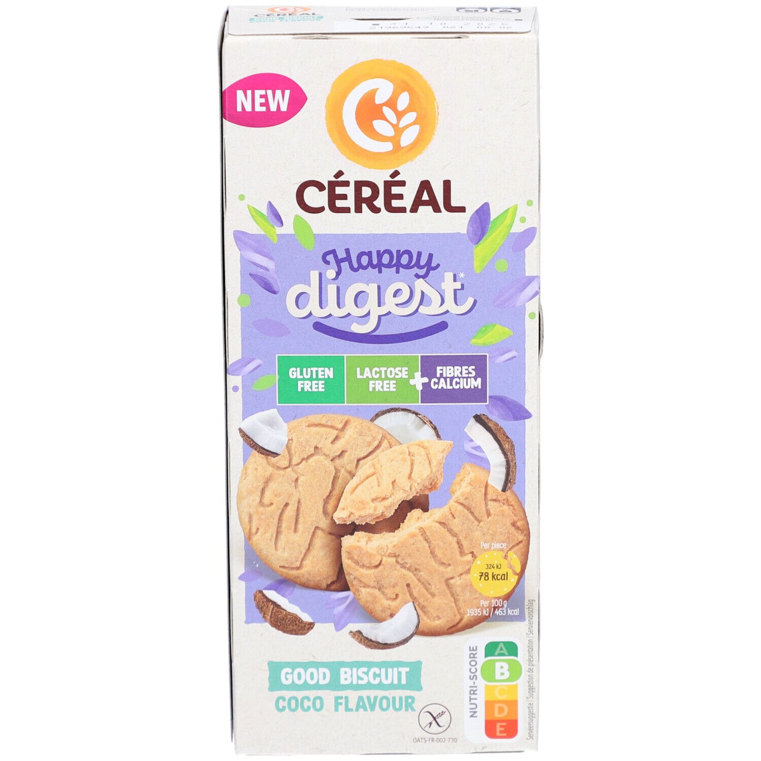 Verpackung mit Keksen. Aufschrift: Céréal Happy Digest, glutenfrei, laktosefrei, Ballaststoffe, Kalzium. Kokos-Geschmack.