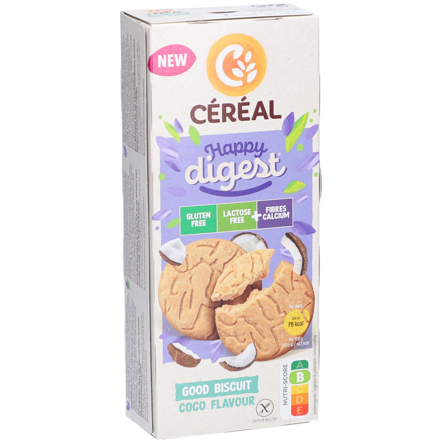 Verpackung mit Keksen. Aufschrift: Céréal Happy Digest, glutenfrei, laktosefrei, Ballaststoffe, Kalzium. Kokos-Geschmack.