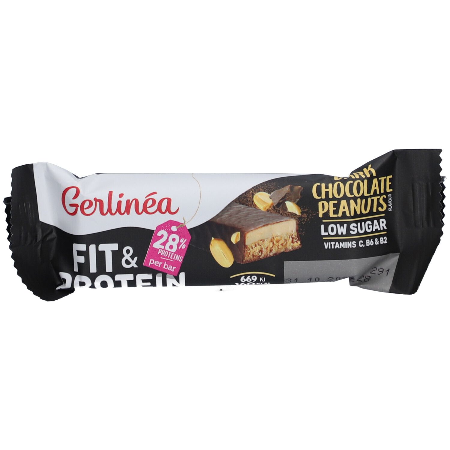 Gerlinéa Fit & Protein Riegel. Zartbitter-Erdnuss-Riegel in Verpackung. 28% Protein. Dunkle Schokolade, Erdnüsse, Vitamine B6 & B2.