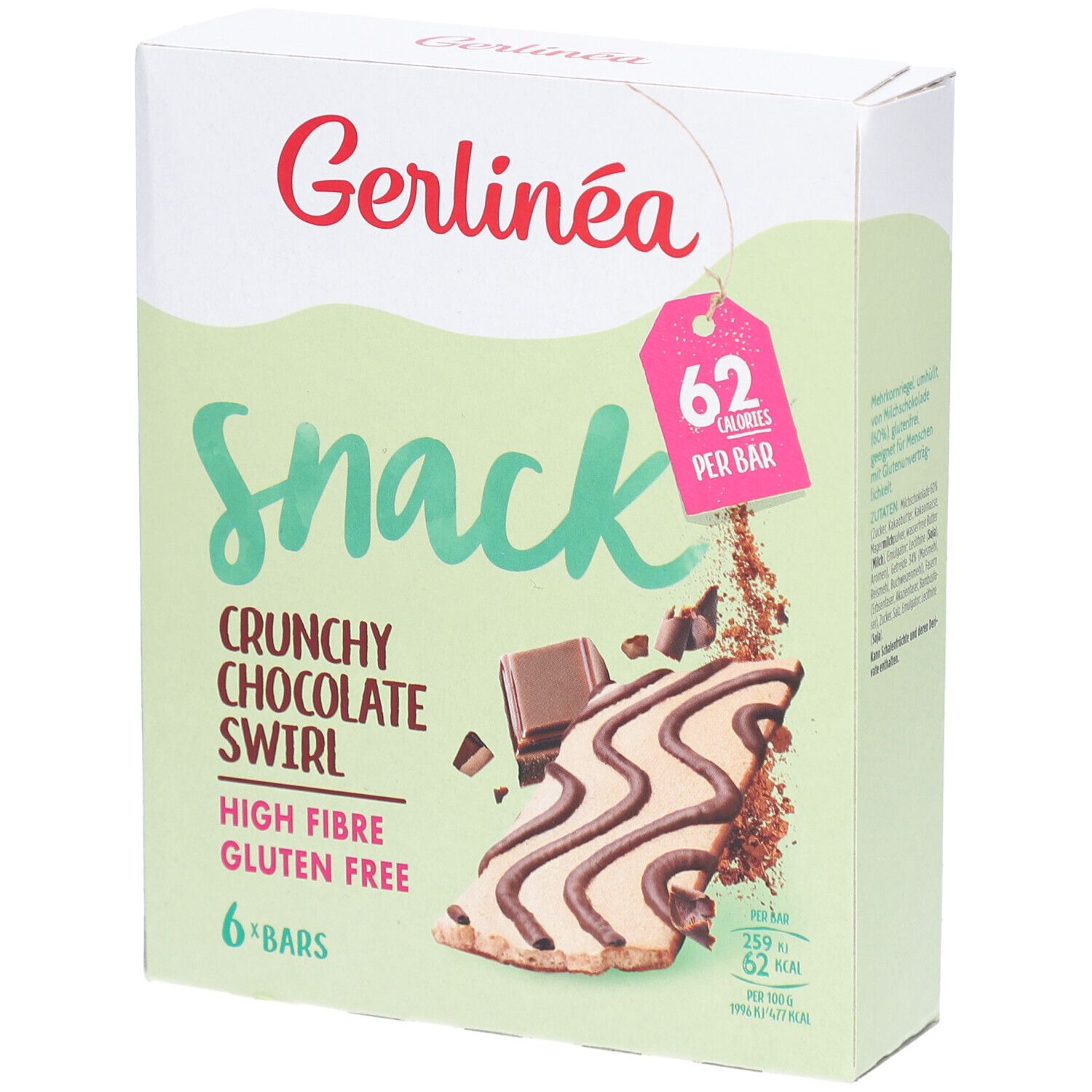 Verpackung von Gerlinea Snack Knusper-Schoko-Strudel. 6 Riegel, glutenfrei, hoher Ballaststoffgehalt. 62 Kalorien pro Riegel.