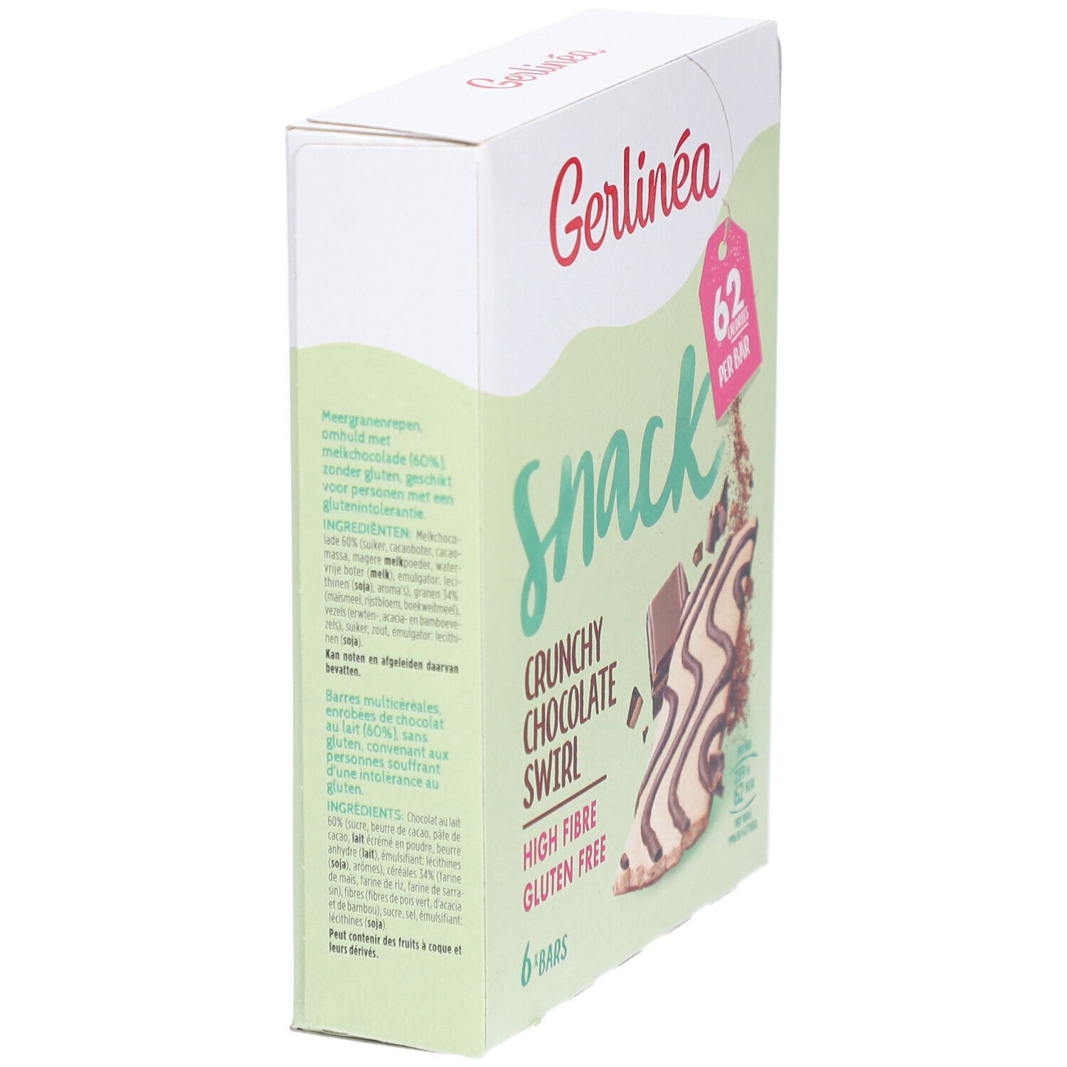 Gerlinea Snack Knusper-Schoko-Strudel Verpackung. Seite mit Zutatenliste und Nährwertangaben. Glutenfrei, hoher Ballaststoffgehalt.