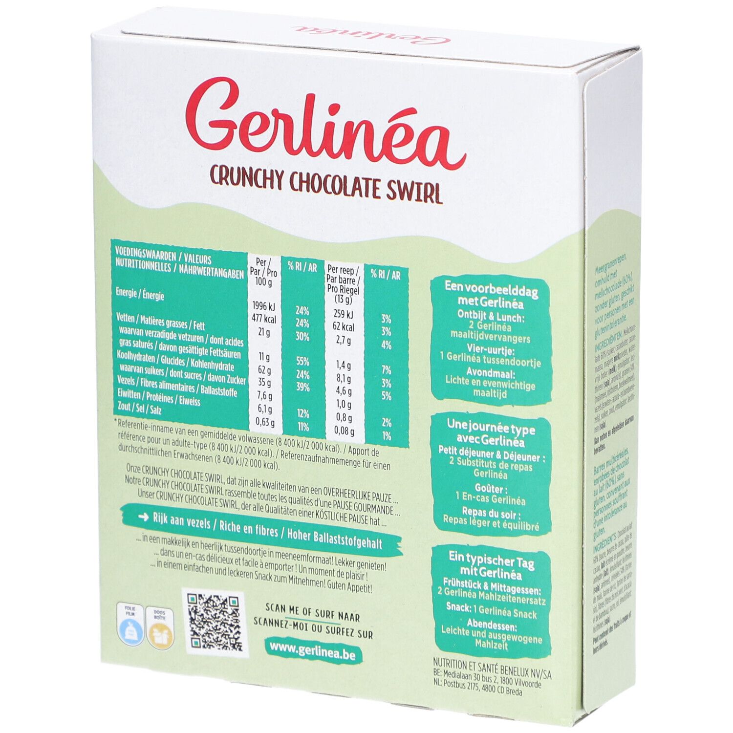 Rückseite der Gerlinea Snack Knusper-Schoko-Strudel Verpackung. Nährwertangaben, Verzehrempfehlung, QR-Code.