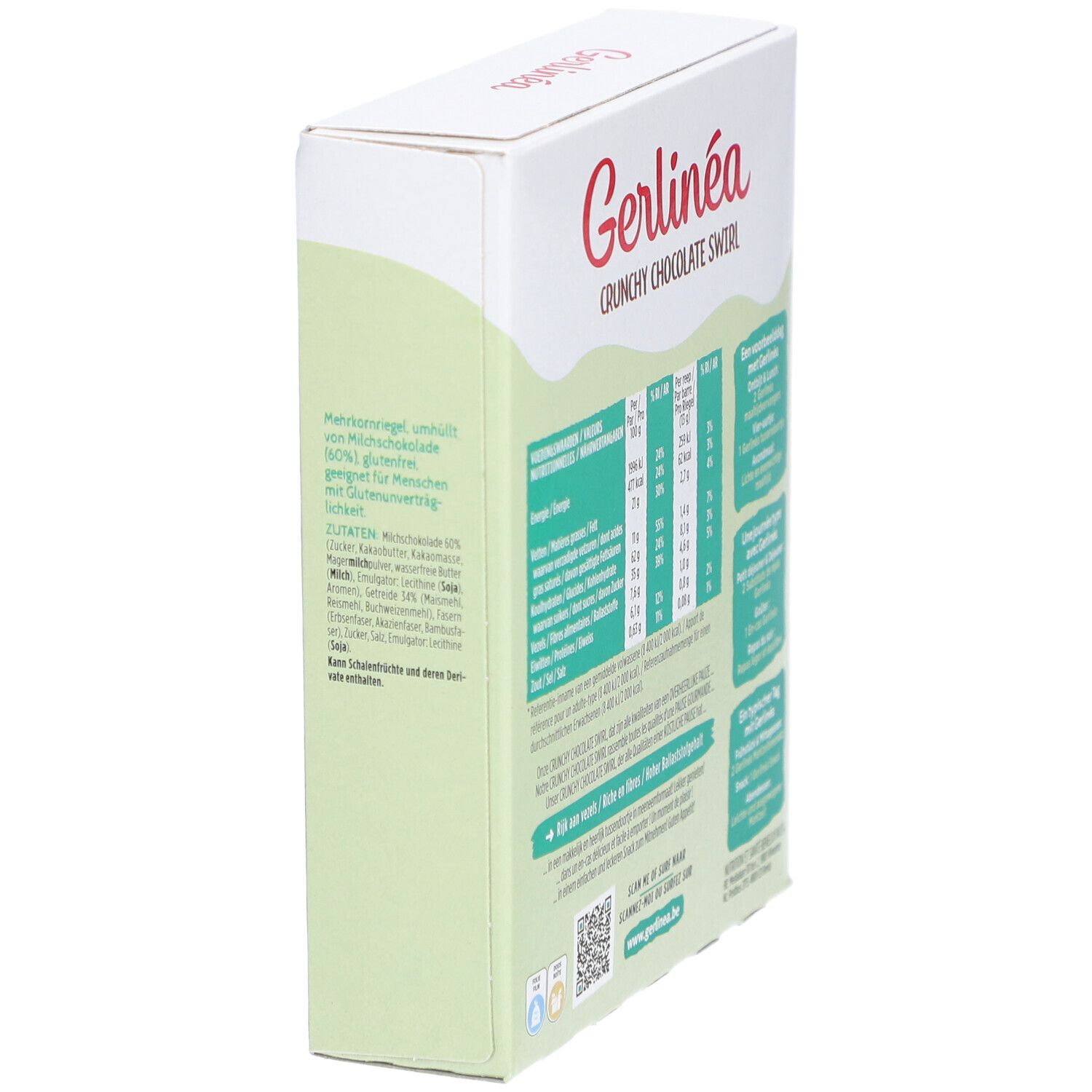 Gerlinea Snack Knusper-Schoko-Strudel Verpackung. Seite mit Nährwertangaben. Glutenfrei, hoher Ballaststoffgehalt.