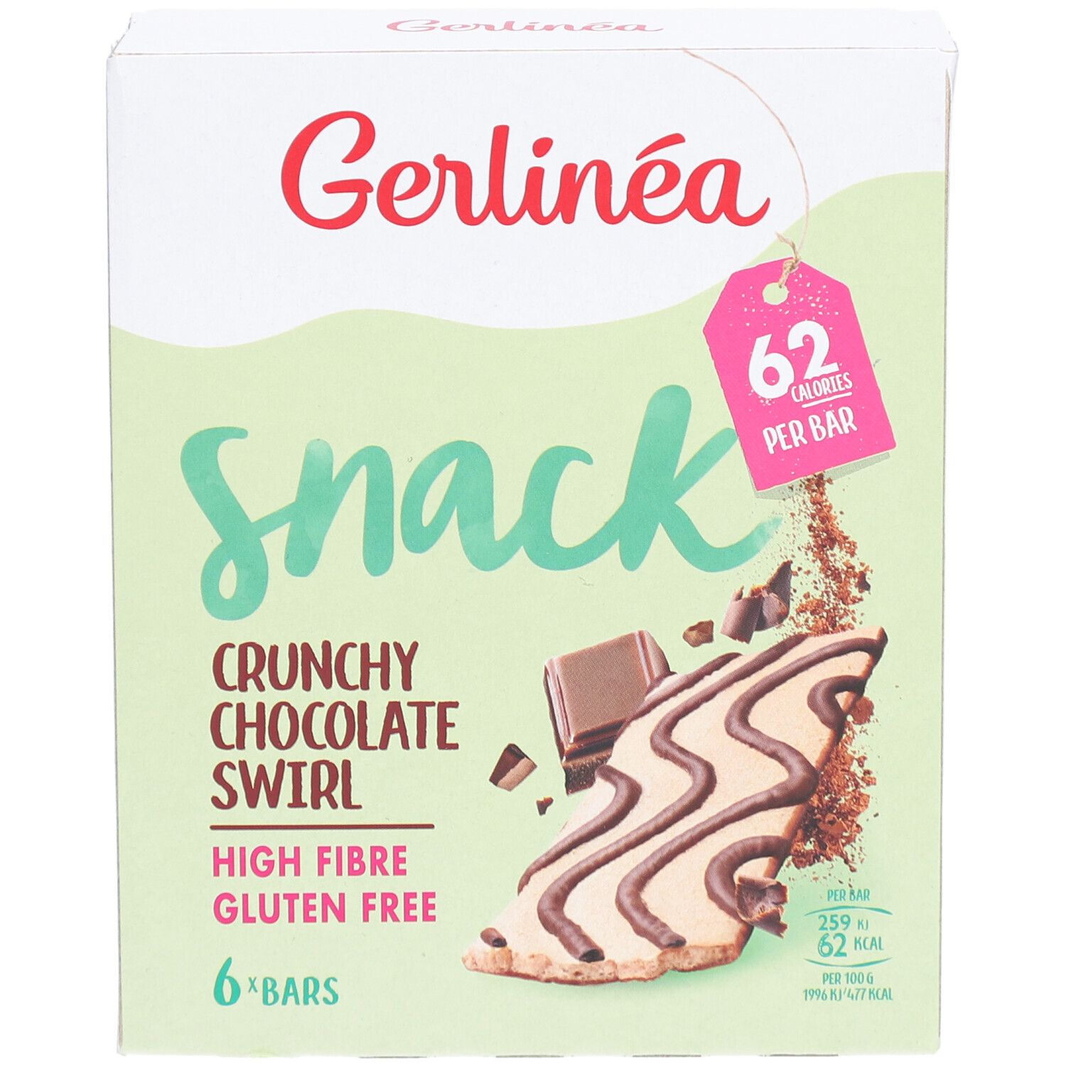 Gerlinea Snack Knusper-Schoko-Strudel Verpackung. 6 Riegel, glutenfrei, hoher Ballaststoffgehalt. 62 Kalorien pro Riegel.