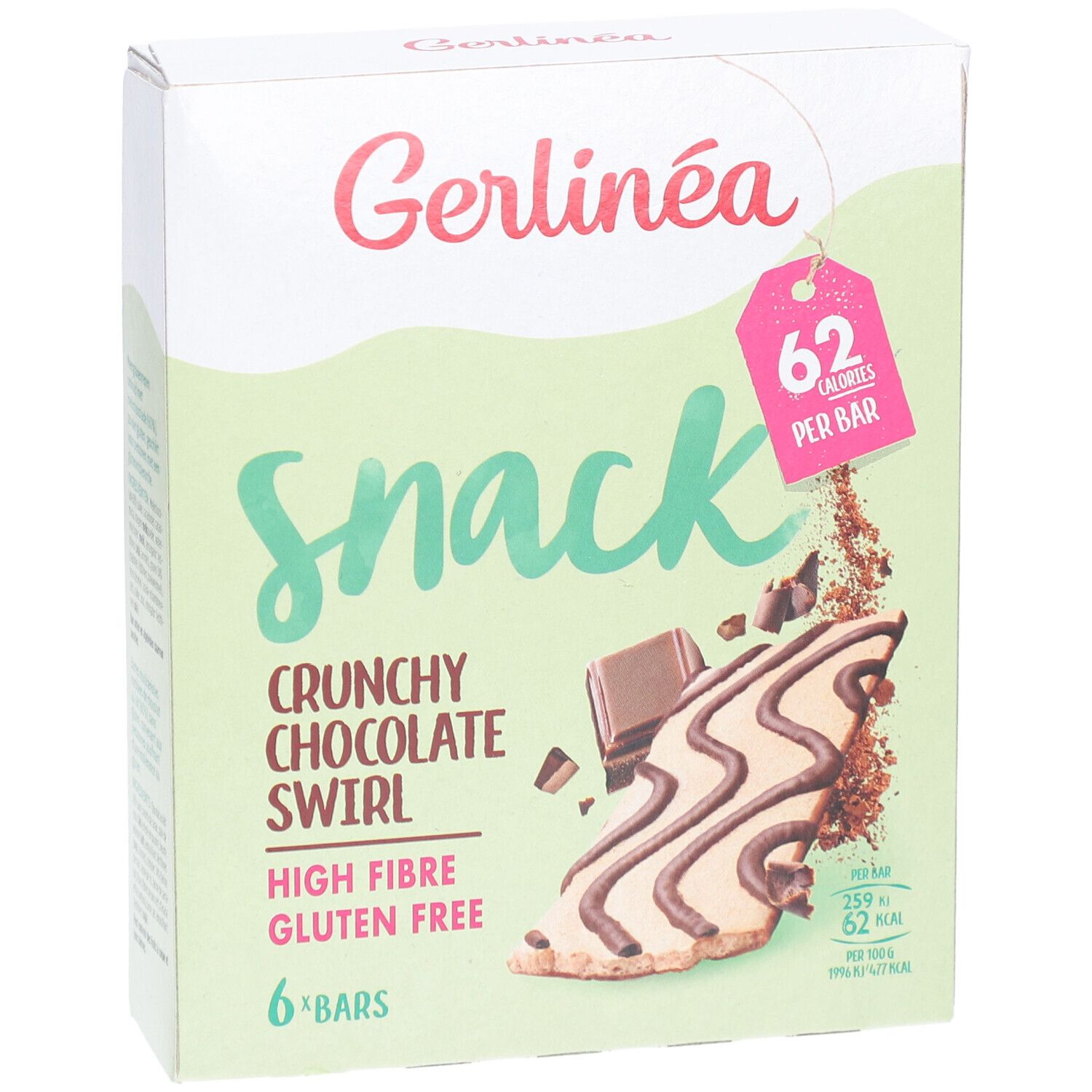 Gerlinea Snack Knusper-Schoko-Strudel Verpackung. 6 Riegel, glutenfrei, hoher Ballaststoffgehalt. 62 Kalorien pro Riegel.
