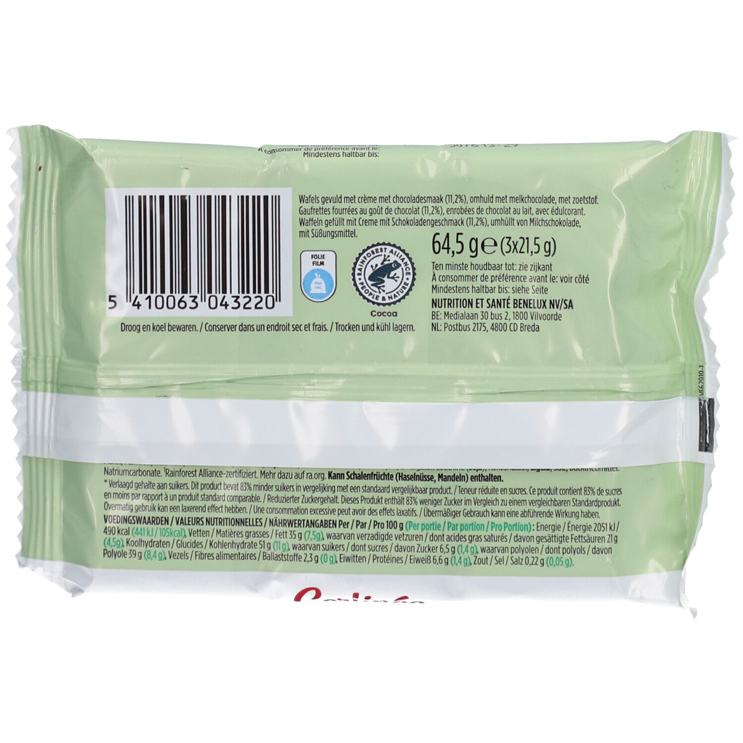 Rückseite der Gerlinéa Snack Choco Break Verpackung. Enthält Nährwertangaben, Zutatenliste und Zertifizierungen.