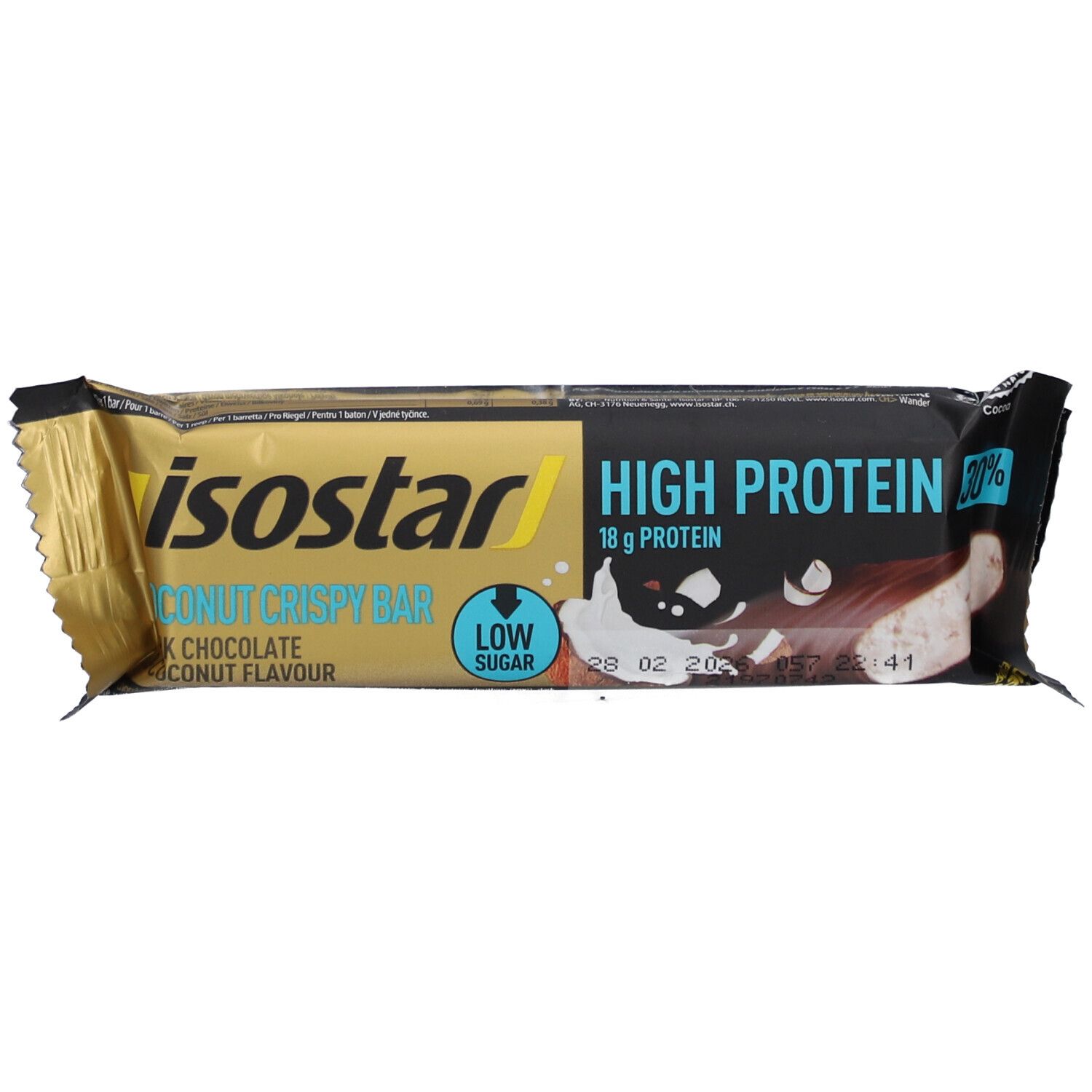 Riegelverpackung mit 'Isostar' Logo, 'High Protein' und 'Kokosnuss knusprig'. Enthält 18g Protein, 'Low Sugar'.