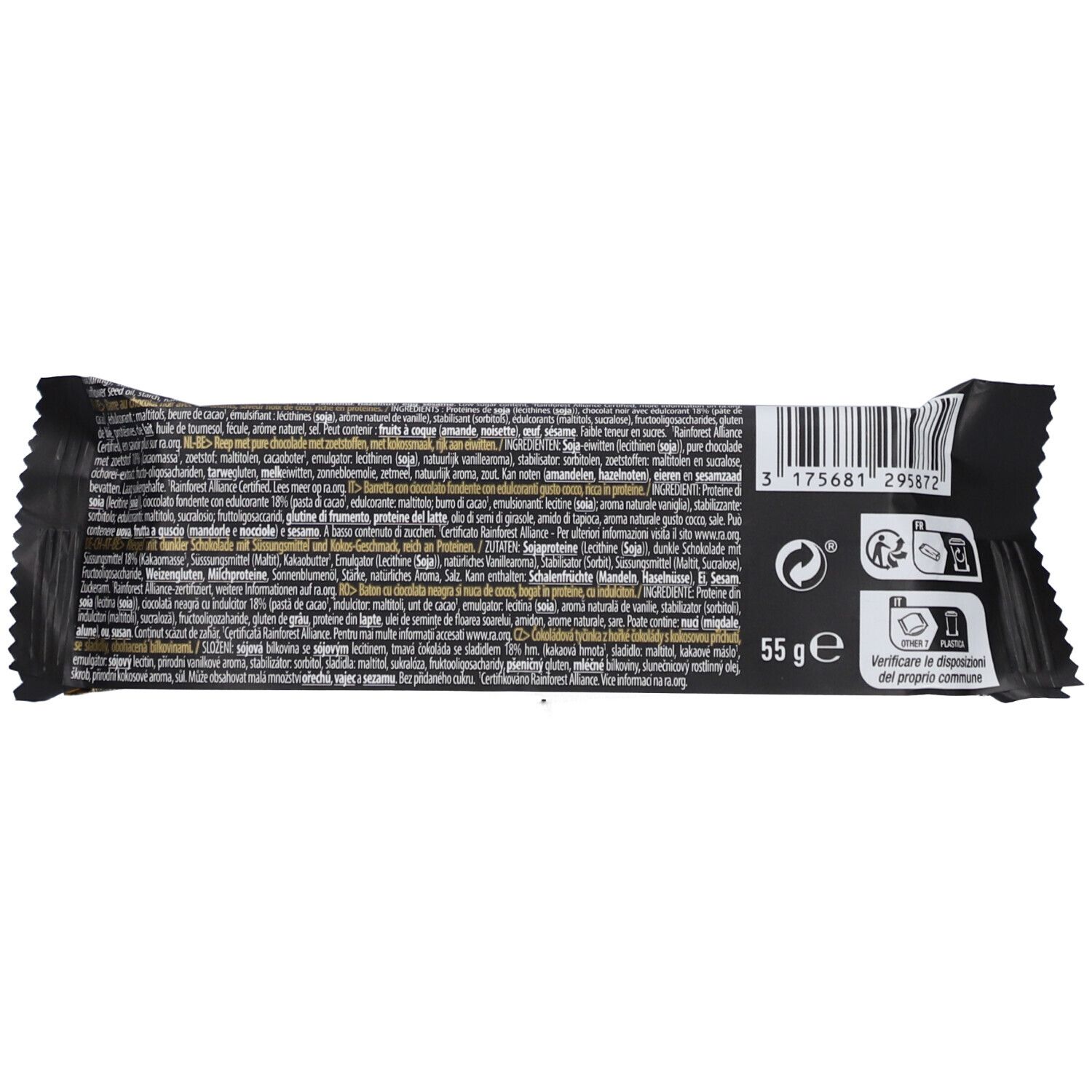 Rückseite der Riegelverpackung mit Text, Nährwertangaben, Recycling-Symbolen und Gewicht: 55g.